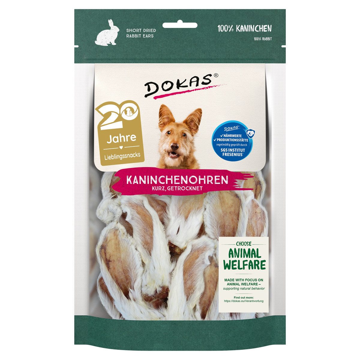 Dokas Kaninchenohren mit Fell getrocknet (kurz) 100 g, Snack für: Hund