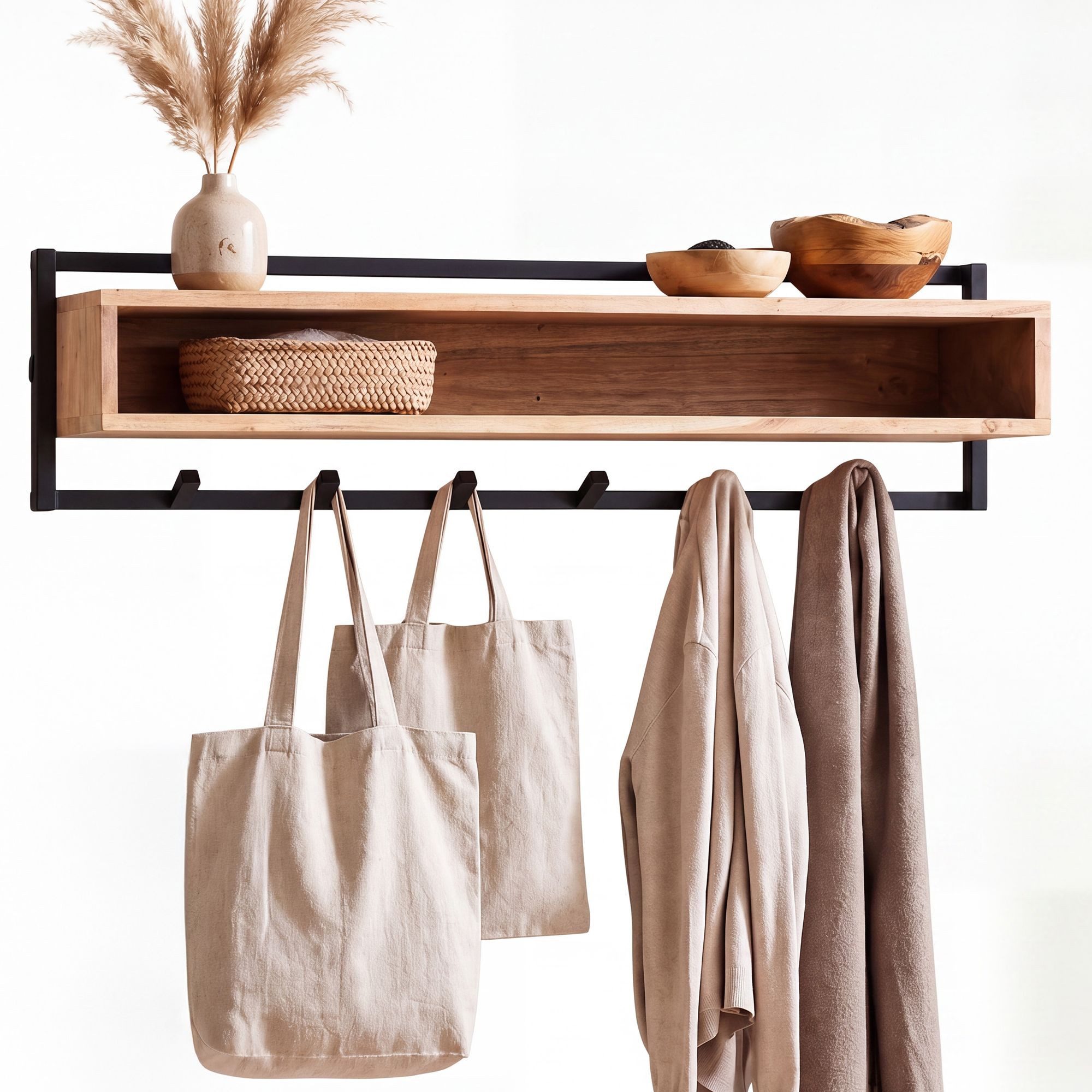 Wohnling Wandgarderobe WL7.844 Hängegarderobe 90cm Garderobe Flurgarderobe Massivholz Metall (Garderobenpaneel mit sechs Haken für deinen Flur), Garderobenleiste mit offener Ablage