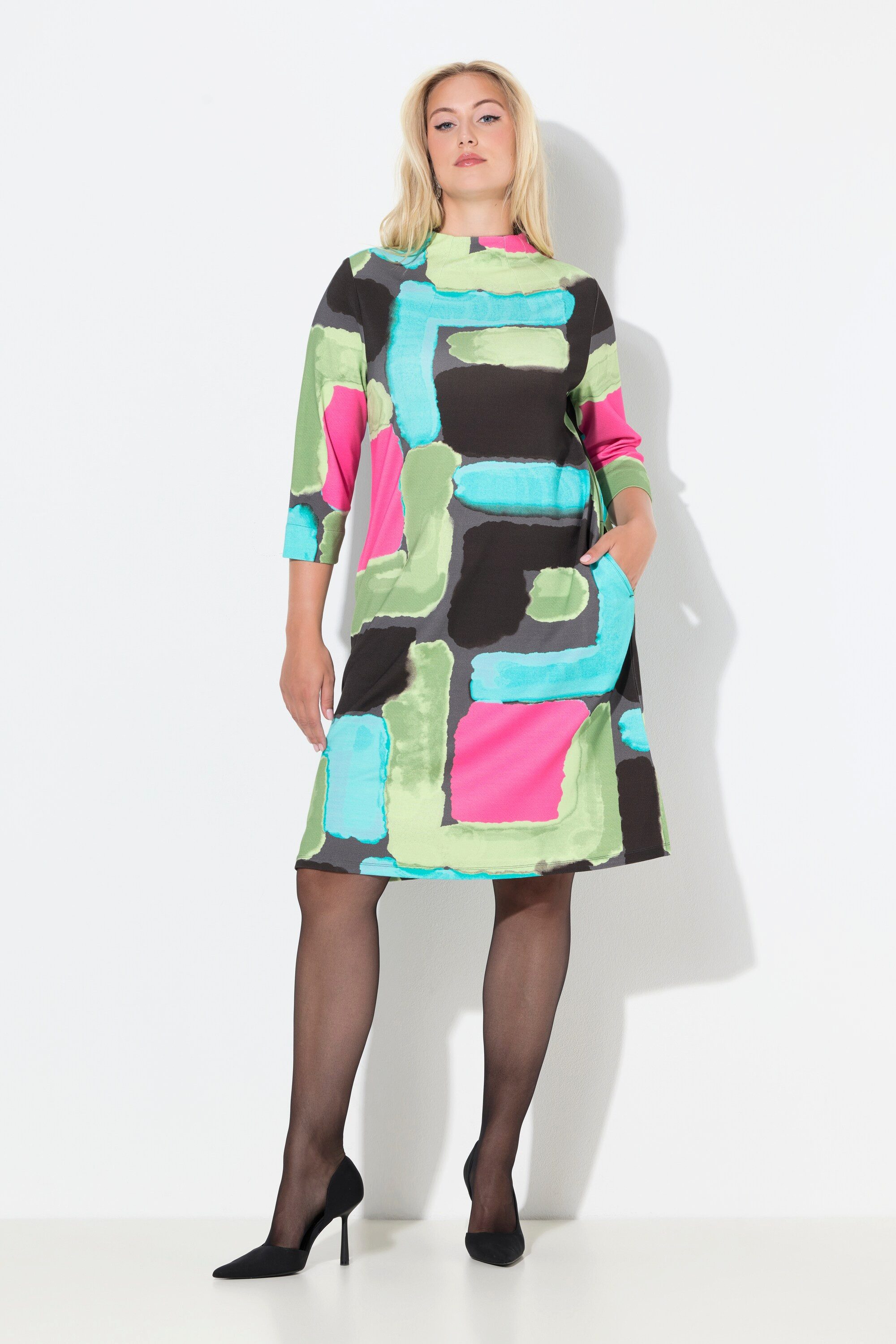 Ulla Popken Jerseykleid Punto-Kleid A-Linie Stehkragen Taschen 3/4-Arm günstig online kaufen