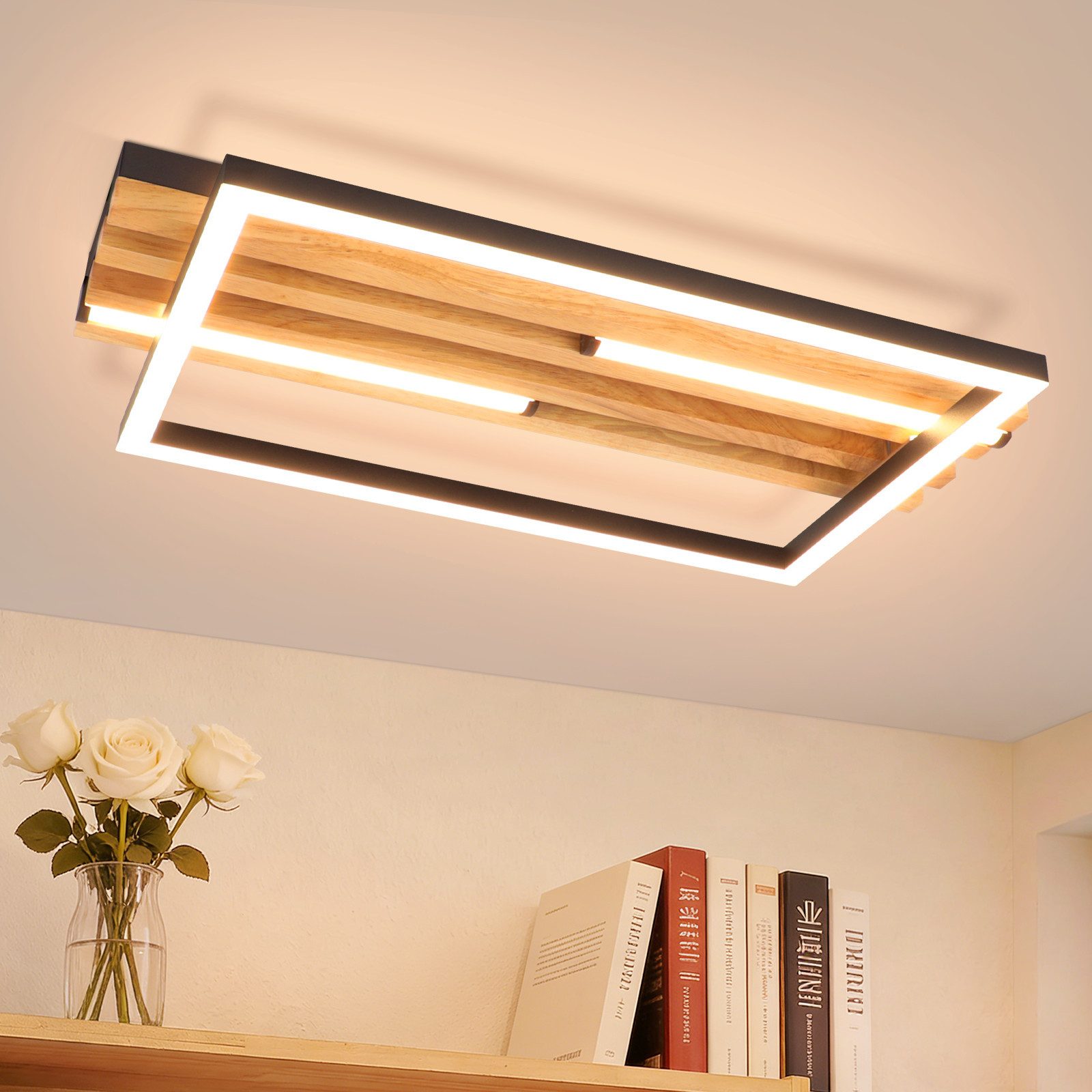 Nettlife LED Deckenleuchte Dimmbar Holz 3 Ringe 46W Modern Deckenlampe 70cm Wohnzimmer, mit Fernbedienung, LED fest integriert, für Schlafzimmer Büro Küche