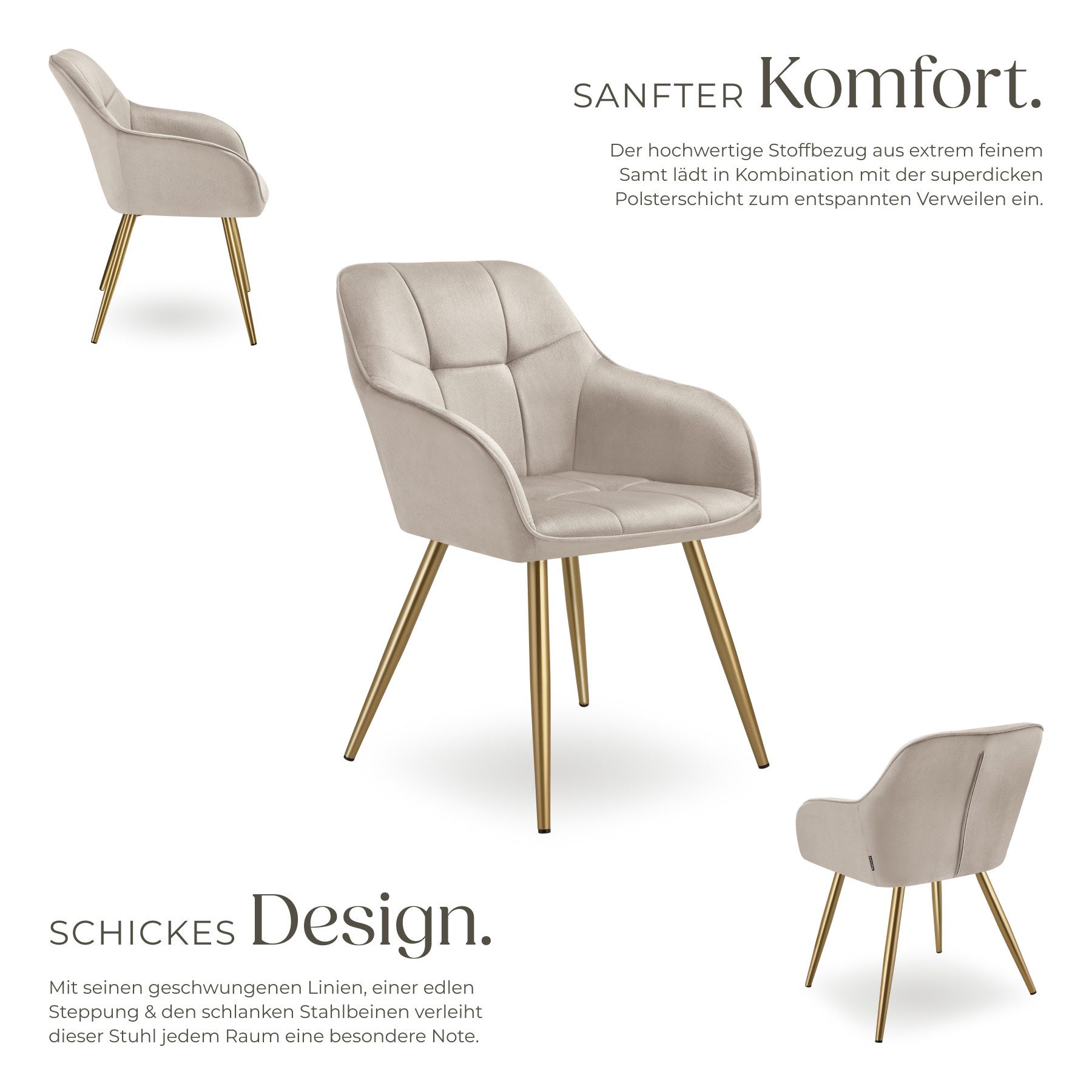 tectake Esszimmerstuhl Polstersessel gepolstert, in Samtoptik, gesteppt, 58 x 62 x 82 cm (Küchenstuhl Marilyn in taupe/gold, 6 St), schlanke, goldene Stahlbeine – Bild 3 von 5