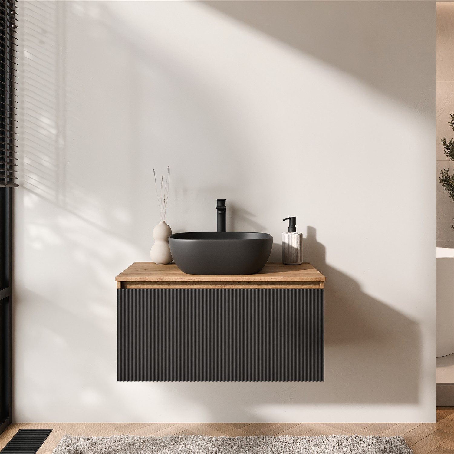 Planetmöbel Waschtisch-Set Arisa 2 teilig, Waschtisch mit Unterschrank 80 cm, Waschbecken 42 cm, (Waschtischunterschrank hängend für Gäste WC & Bad, schwarz geriffelt, Badmöbel Set mit Waschbecken 42 cm schwarz), Schublade mit Soft-Close Funktion