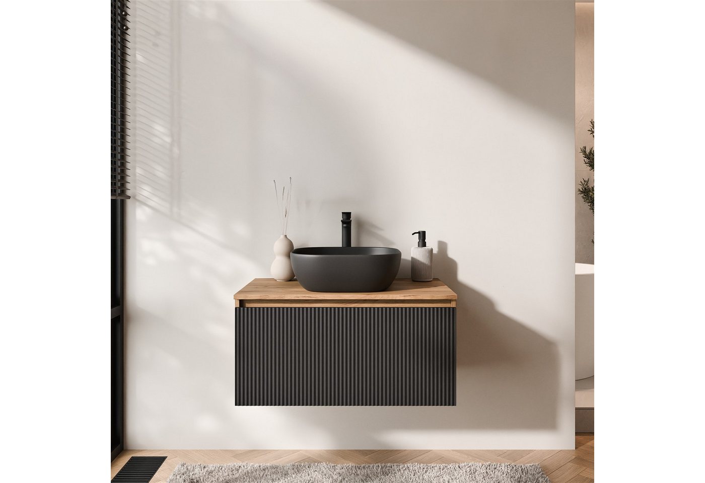 Planetmöbel Waschtisch-Set Arisa 2 teilig, Waschtisch mit Unterschrank 80 cm, Waschbecken 42 cm, (Waschtischunterschrank hängend für Gäste WC & Bad, schwarz geriffelt, Badmöbel Set mit Waschbecken 42 cm schwarz), Schublade mit Soft-Close Funktion