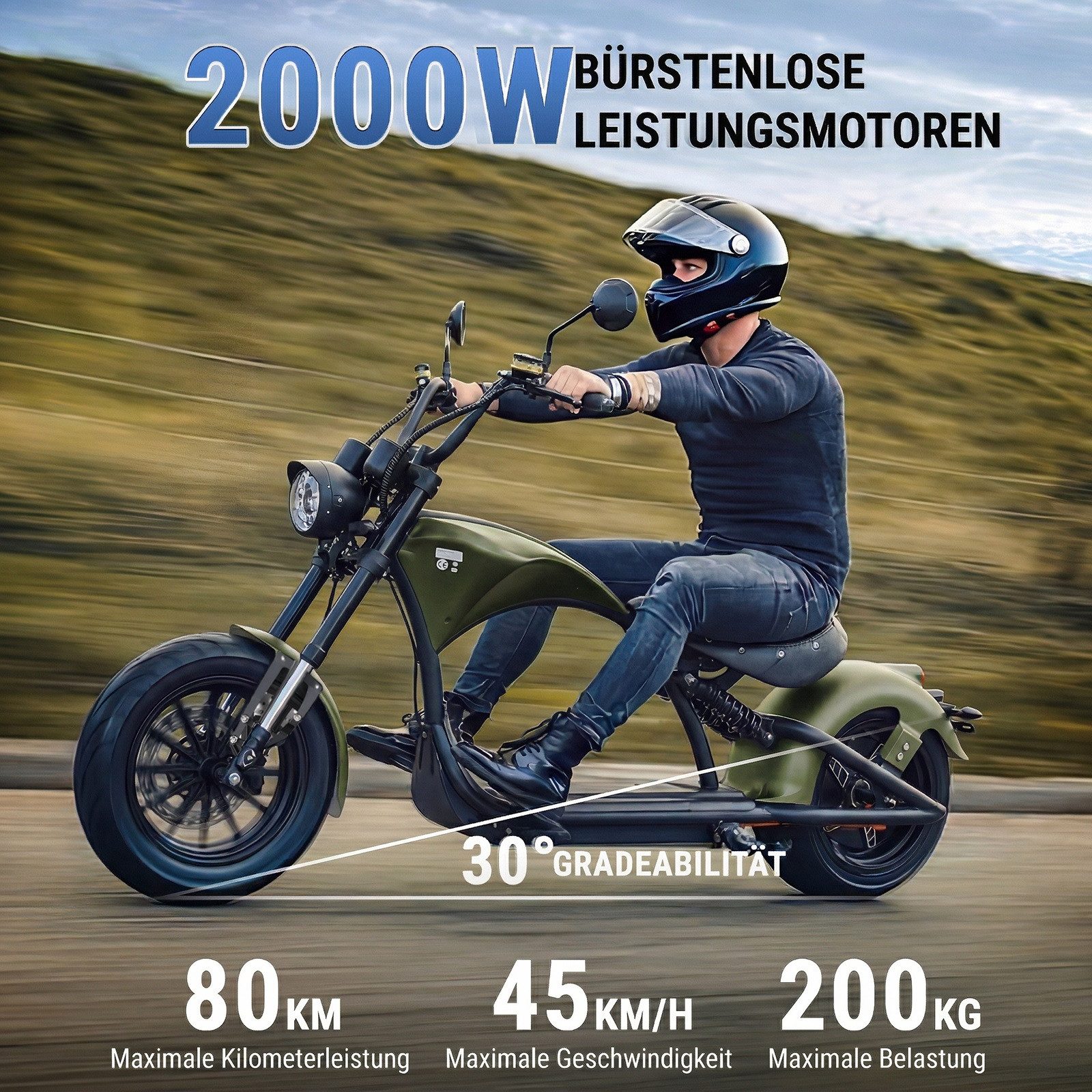 Vankel E-Motorroller M1P E-Chopper 2000W, 1800Wh, 80km Reichweite, Retro-Elektro-Scooter, 2000 W, 45 km/h, Straßenzugelassener E-Chopper für Stadt & Freizeit, & 200kg Zuladung