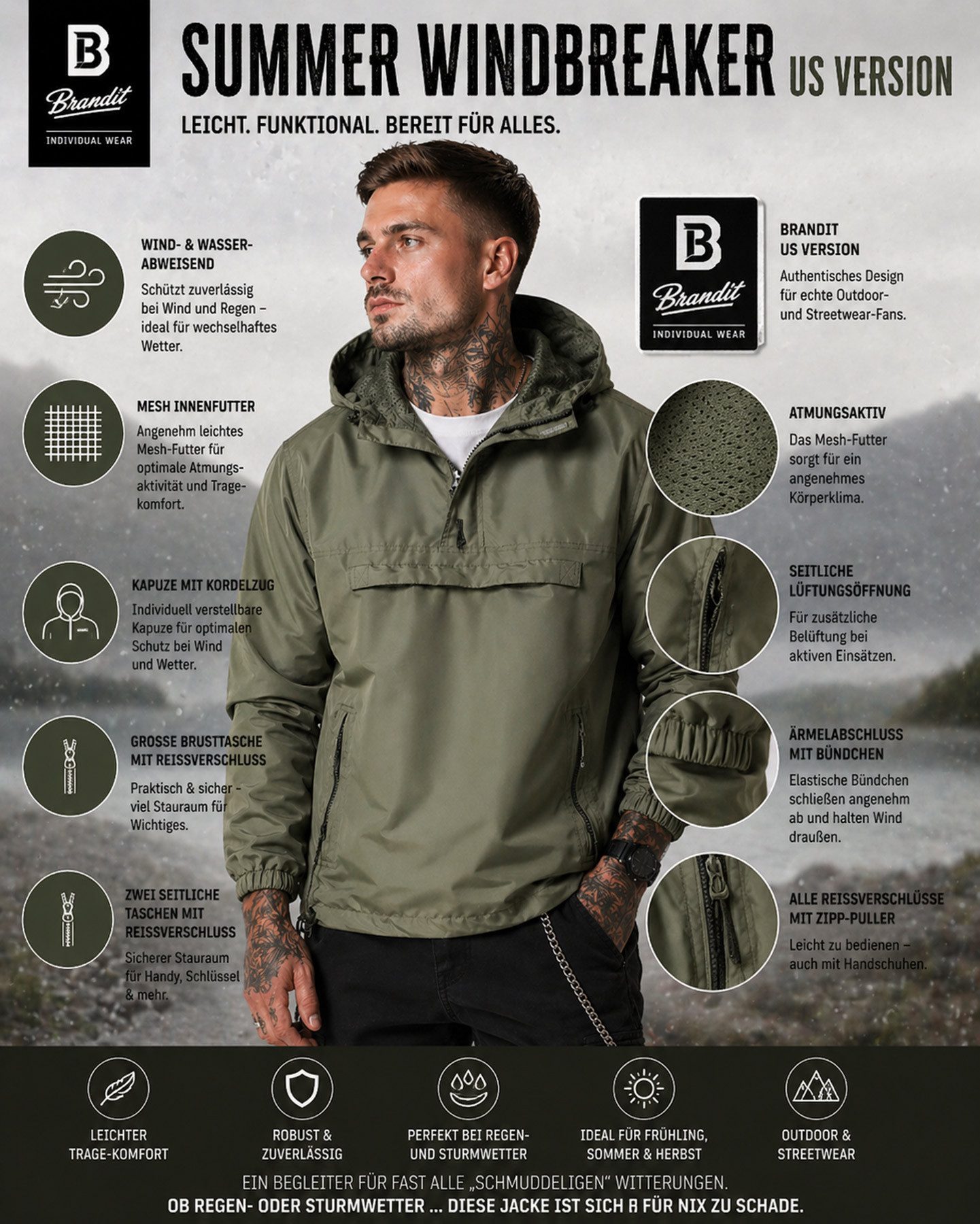 Brandit Allwetterjacke Herren Sommer Windbreaker Jacke US Version Perfekte Passform Hochwertige Verarbeitung,Wasserabweisend