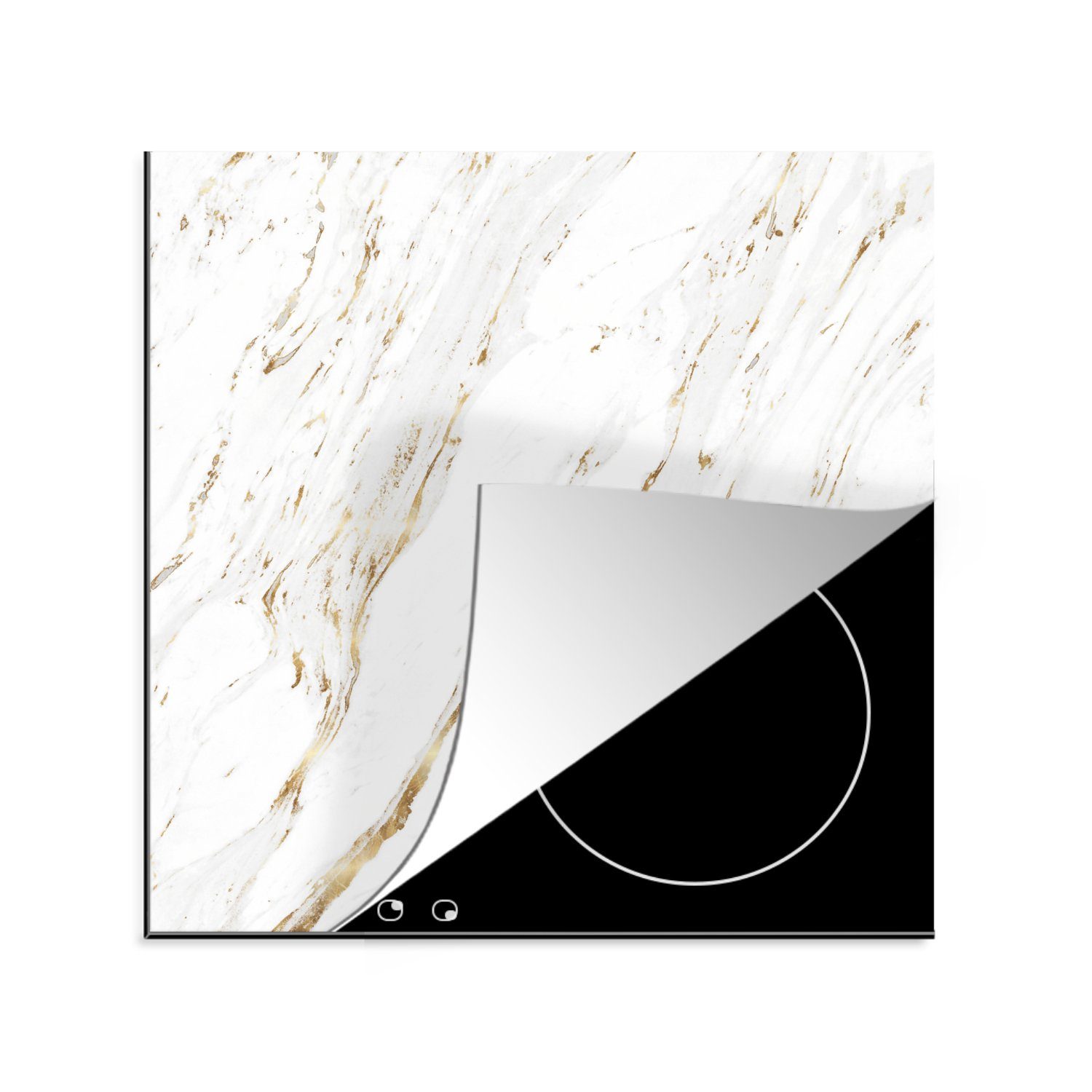 MuchoWow Herdblende-/Abdeckplatte Marmor - Weiß - Gold - Stein, Vinyl, (1 tlg), 78x78 cm, Ceranfeldabdeckung, Arbeitsplatte für küche