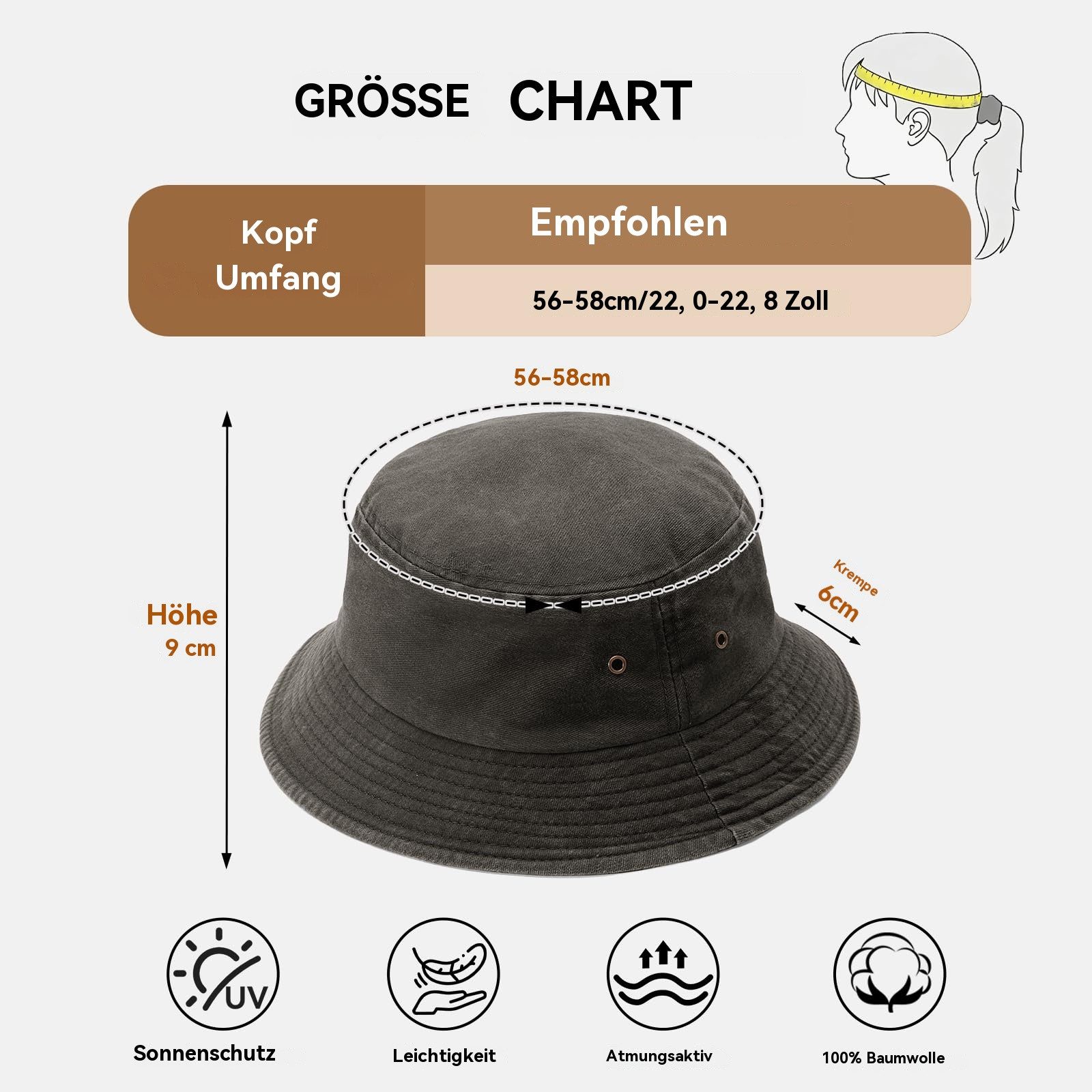 Zaewry Fischerhut Vintage Baumwoll-Anglerhut,Sommer Cap,Sommer Bucket Hat, Unisex faltbarer Anglerhut für Herren, Strand und Outdoor,mit UV-Schutz – Bild 4 von 5