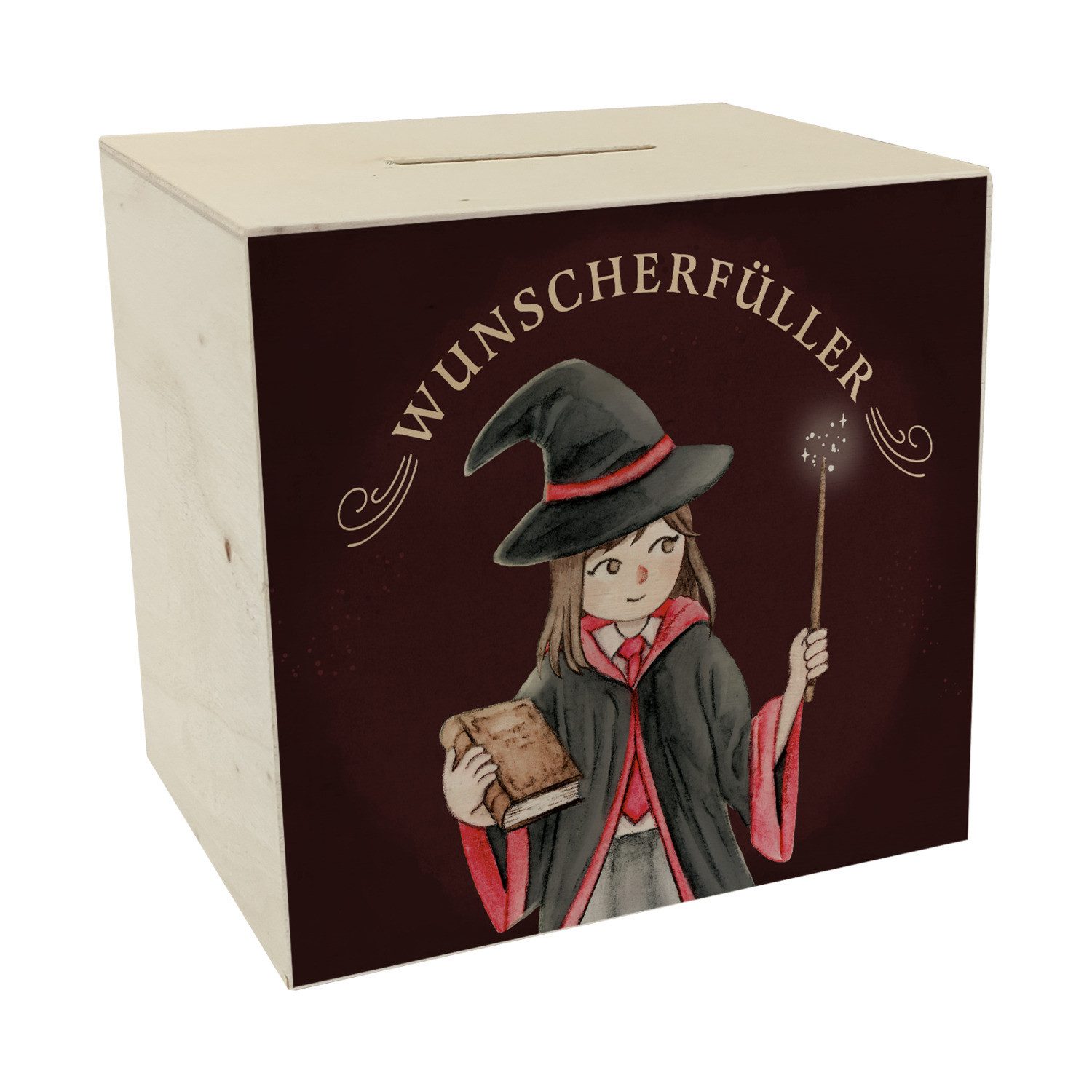 Spardose Wunscherfüller Spardose aus Holz mit Zauberschülerin in rot
