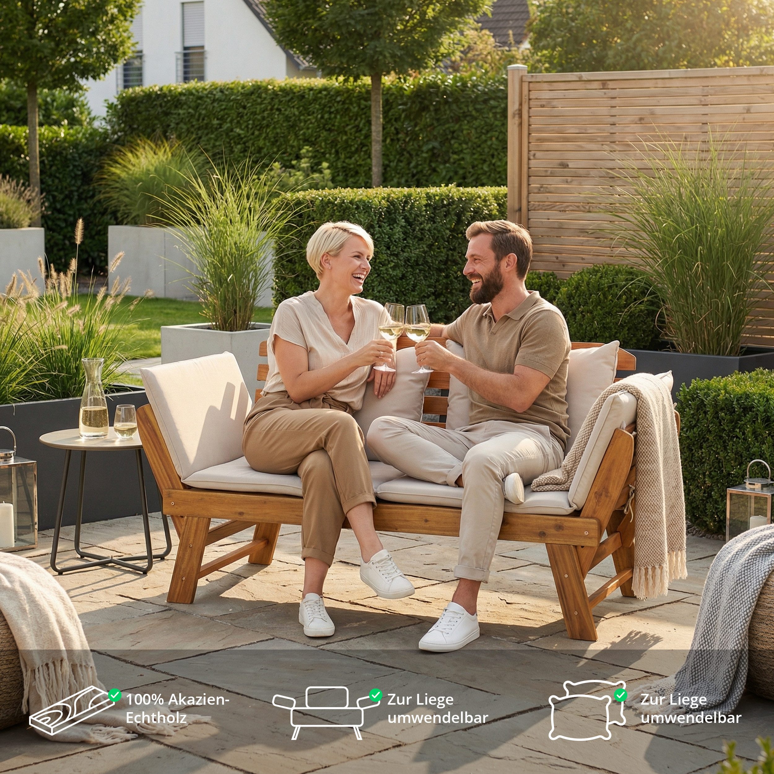 KHG Gartenliege Akazie geölt, Daybed, Sonnenliege, Lounge-Set klappbar, 1 St., Creme, Schlaffunktion