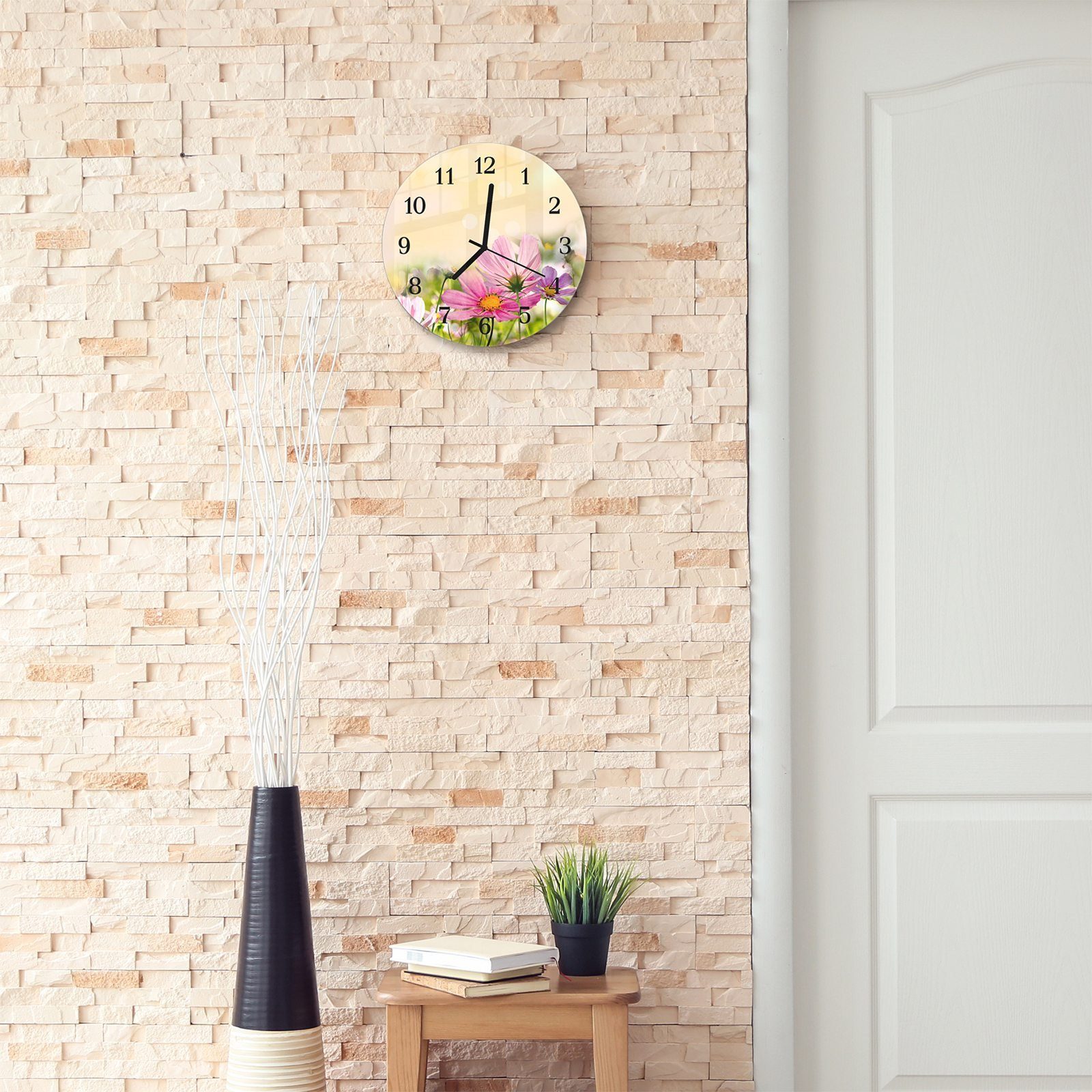 mit - aus Quarzuhrwerk 30 Rund mit Frühlingsblüten Wanduhr cm Durchmesser Primedeco Glas Motiv und Wanduhr