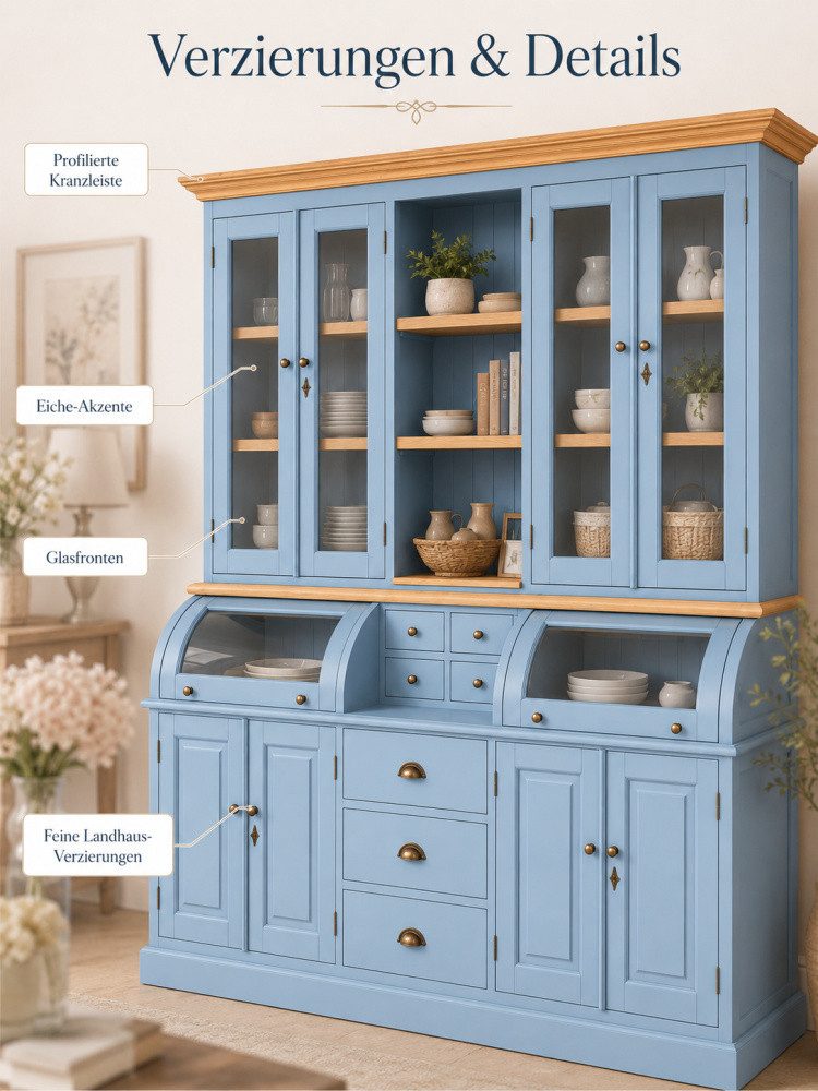Wohnpalast Buffet Buffet Schrank Berlin 200 cm Blau mit Eiche- Landhaus Möbel