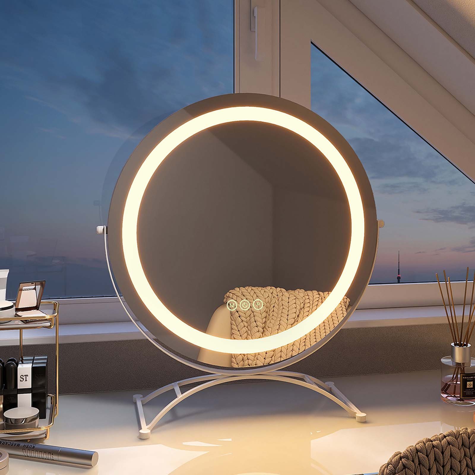 EMKE Schminkspiegel LED Runder Kosmetikspiegel Tischspiegel mit Beleuchtung, mit Touch, 3 Lichtfarben Dimmbar, Memory-Funktion, 360° Drehbar