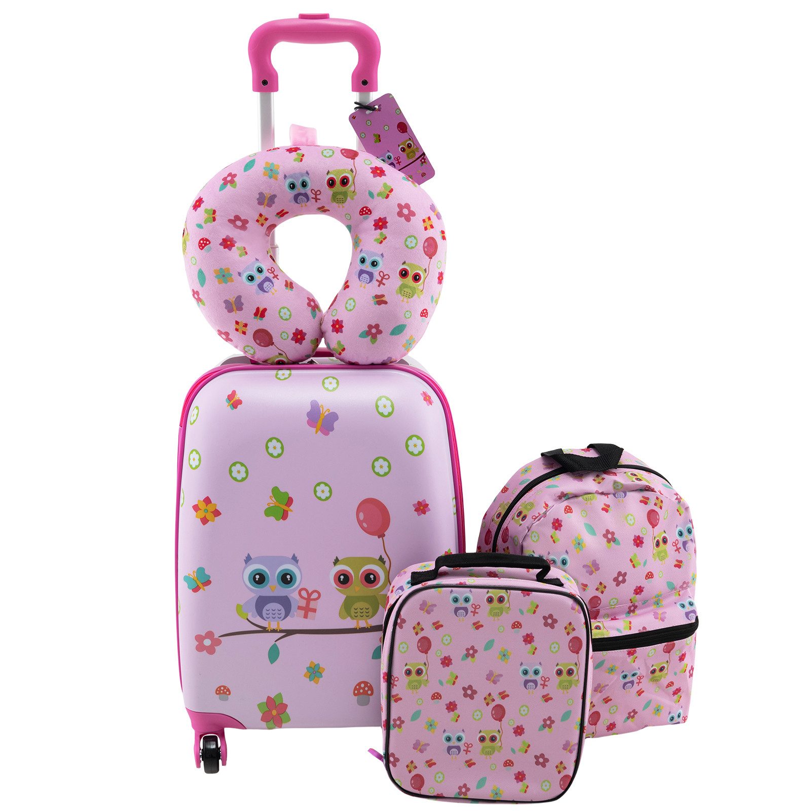 COSTWAY Kinderkoffer Set, 4 Rollen, 5 teiliges Trolley mit Handgepäck, Kissen