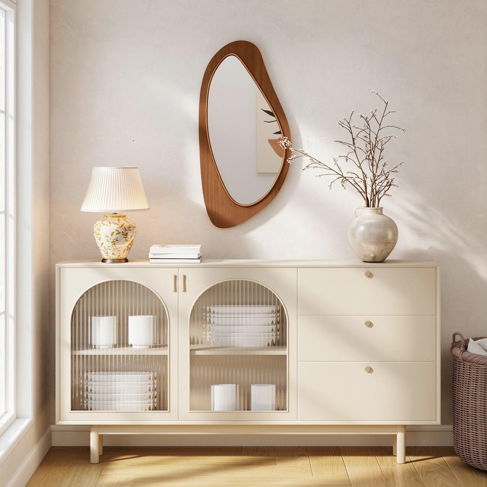 HOMCOM Wandspiegel Fenster Spiegel mit Kieferfurnierrahmen Dekorativer (Flurspiegel, 1-St., Hängespiegel), für Schlafzimmer, Wohnzimmmer, Naturholz