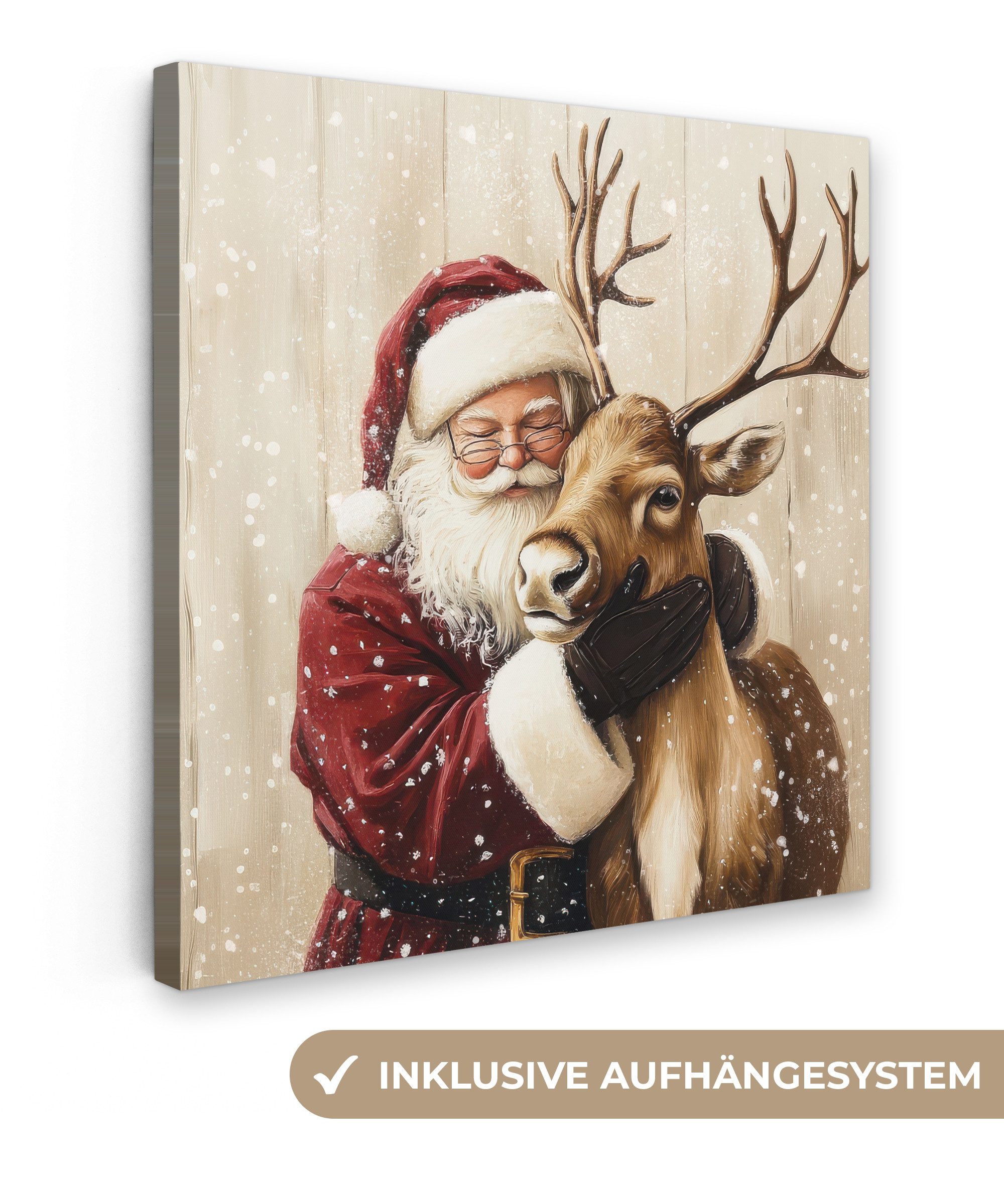 OneMillionCanvasses® Leinwandbild Weihnachtsmann - Rentier - Schnee - Bunt, Fotodruck (1 St), Wandbild, Deko Schlafzimmer Wohnzimmer Flur 20x20 cm