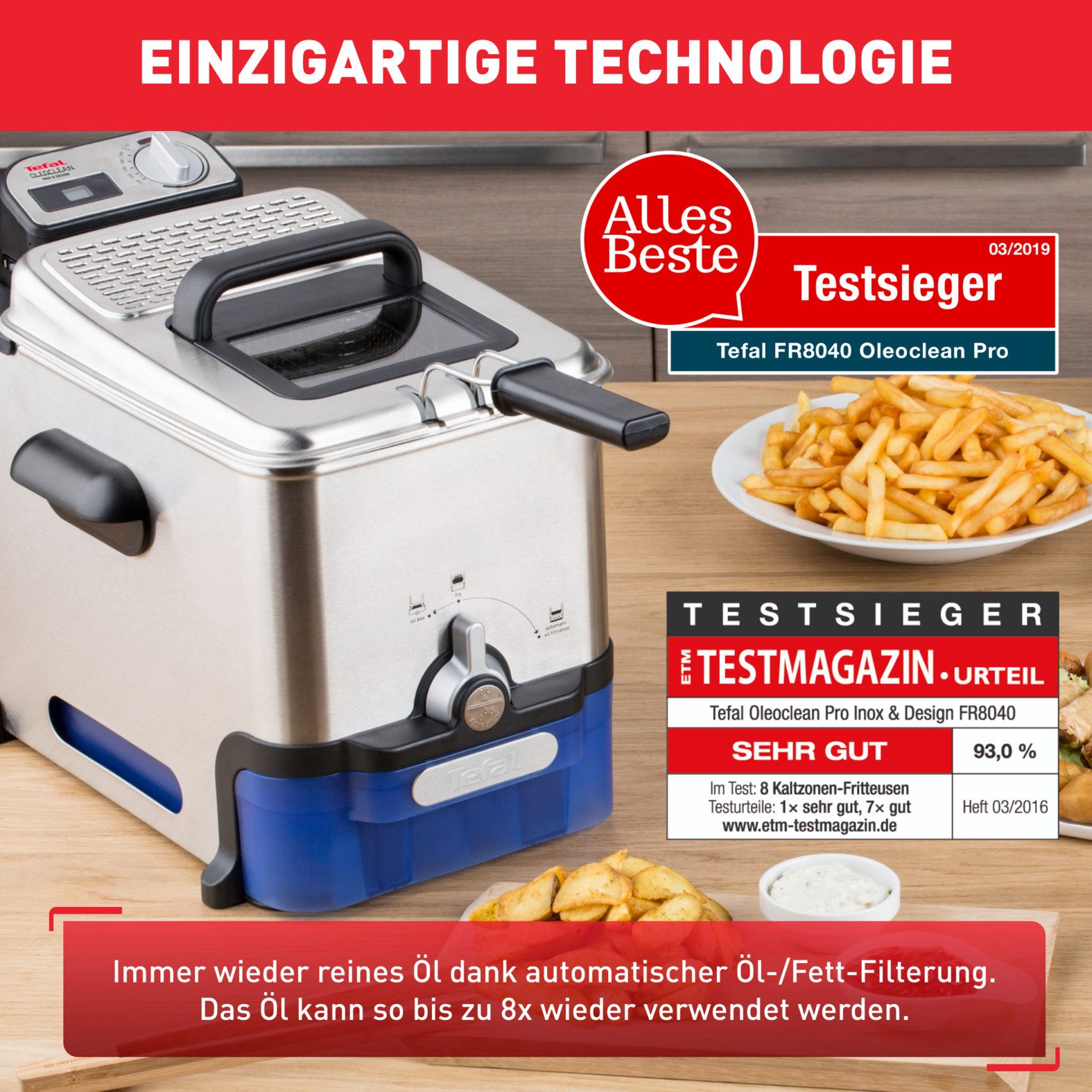 Tefal Kaltzonenfritteuse Oleoclean Pro, Kapazität 1,2 kg, herausnehmbarer Ölbehälter, 2300 W, automatische Öl/Fett Filterung, Timer, Thermostat, 3,5l Öl, FR8040