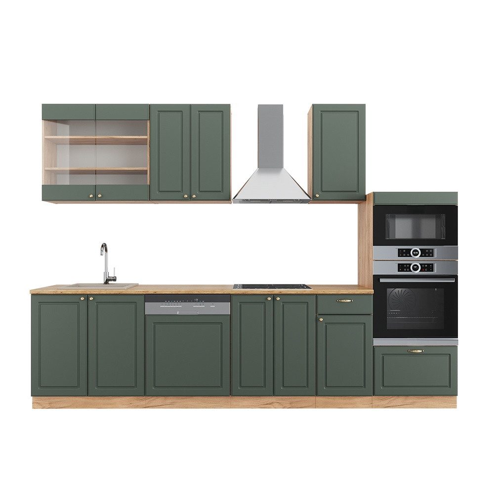 Vicco Küchenzeile Fame-Line Grün-Gold LH/GK Eiche 300cm mit Hochschrank ohne AP