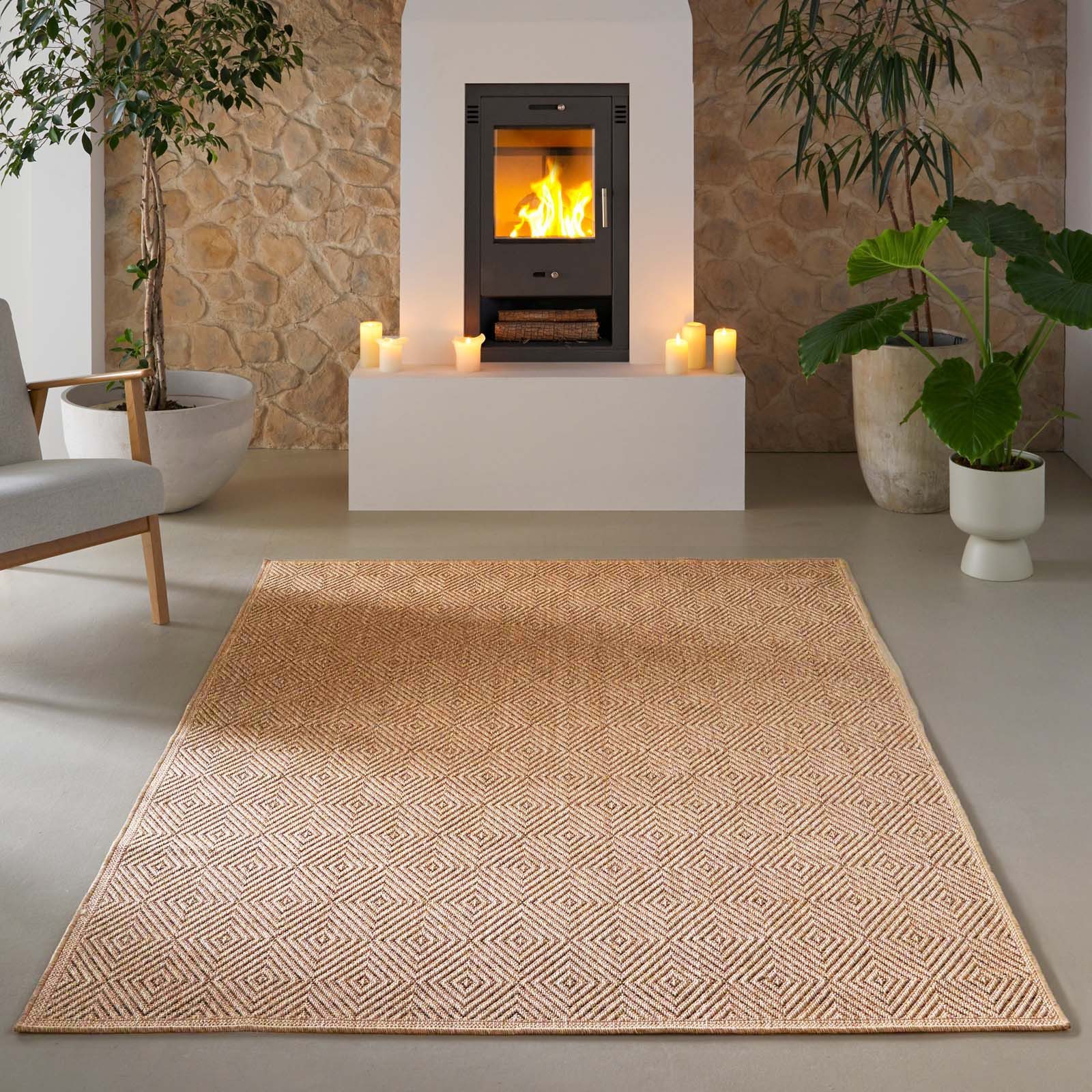 TaraCarpet Teppich TaraCarpet Borneo Raute Outdoor Teppich – Wetterfester Indoor & Outdoo, rechteckig, Höhe: 6 mm, Küche Wohnzimmer Terrasse Garten Balkon beige 80x150