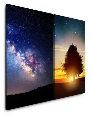 Sinus Art Leinwandbild 2 Bilder je 60x90cm Sommernacht Sternenhimmel Milchstraße Baum Astrofotografie Universum Sonnenunter