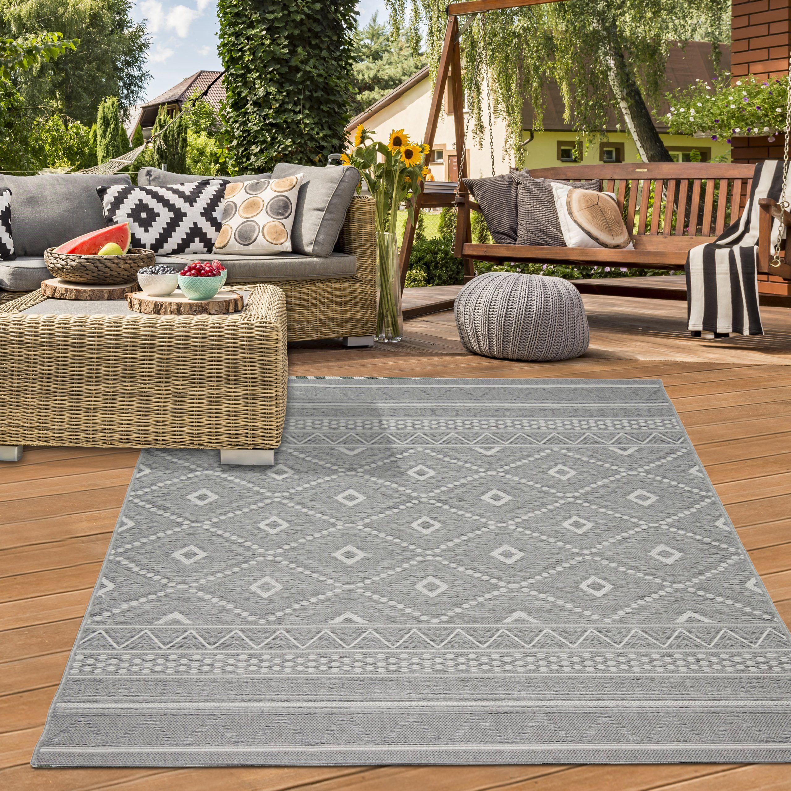 Teppich In- & Outdoor Teppich Sisal Optik Küche Wohnzimmer Terrasse Rauten  Zickzack Muster grau, Teppich-Traum, rechteckig, Höhe: 2 mm