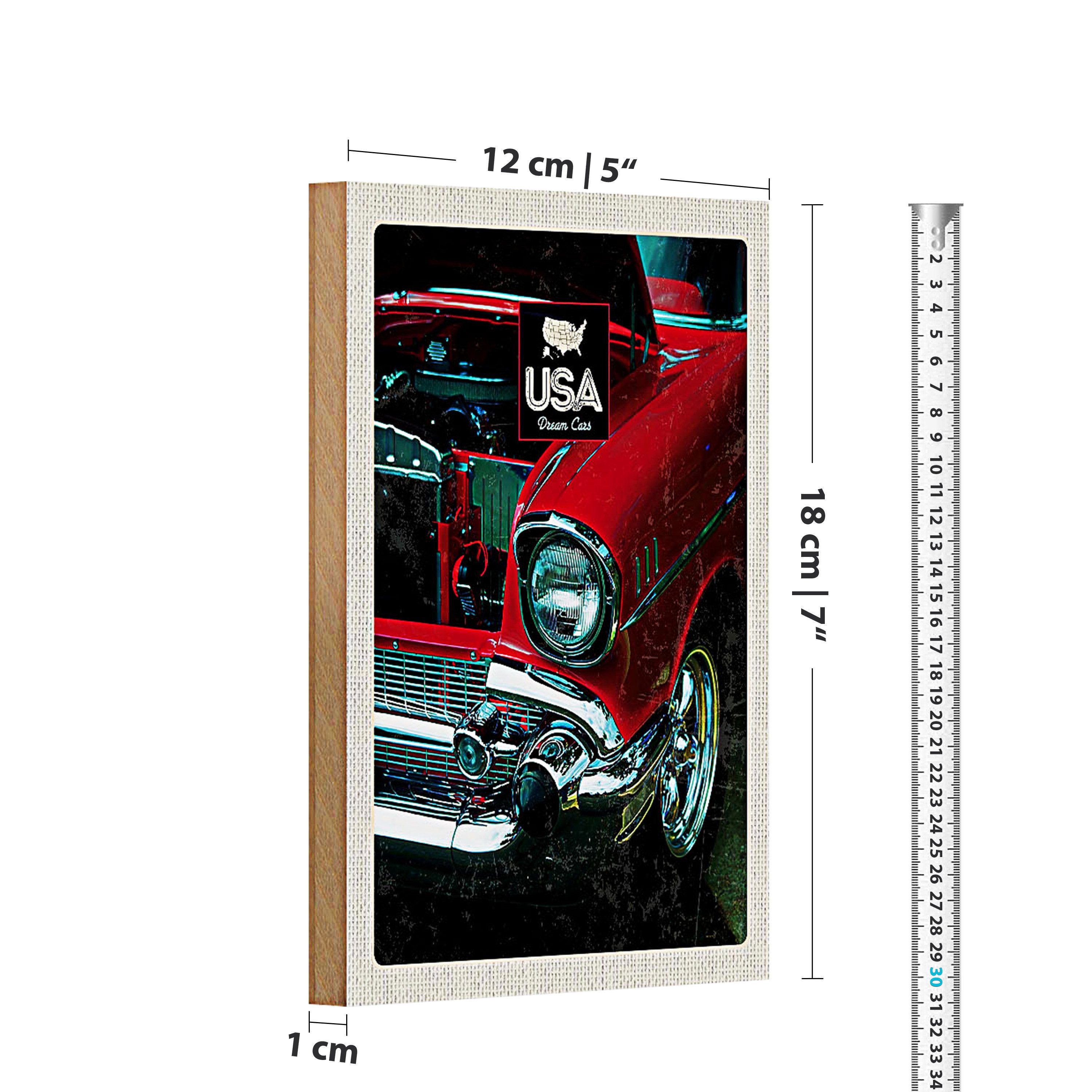 Roomando Holzbild Reise 12x18cm Amerika Oldtimer 90er rot Urlaub