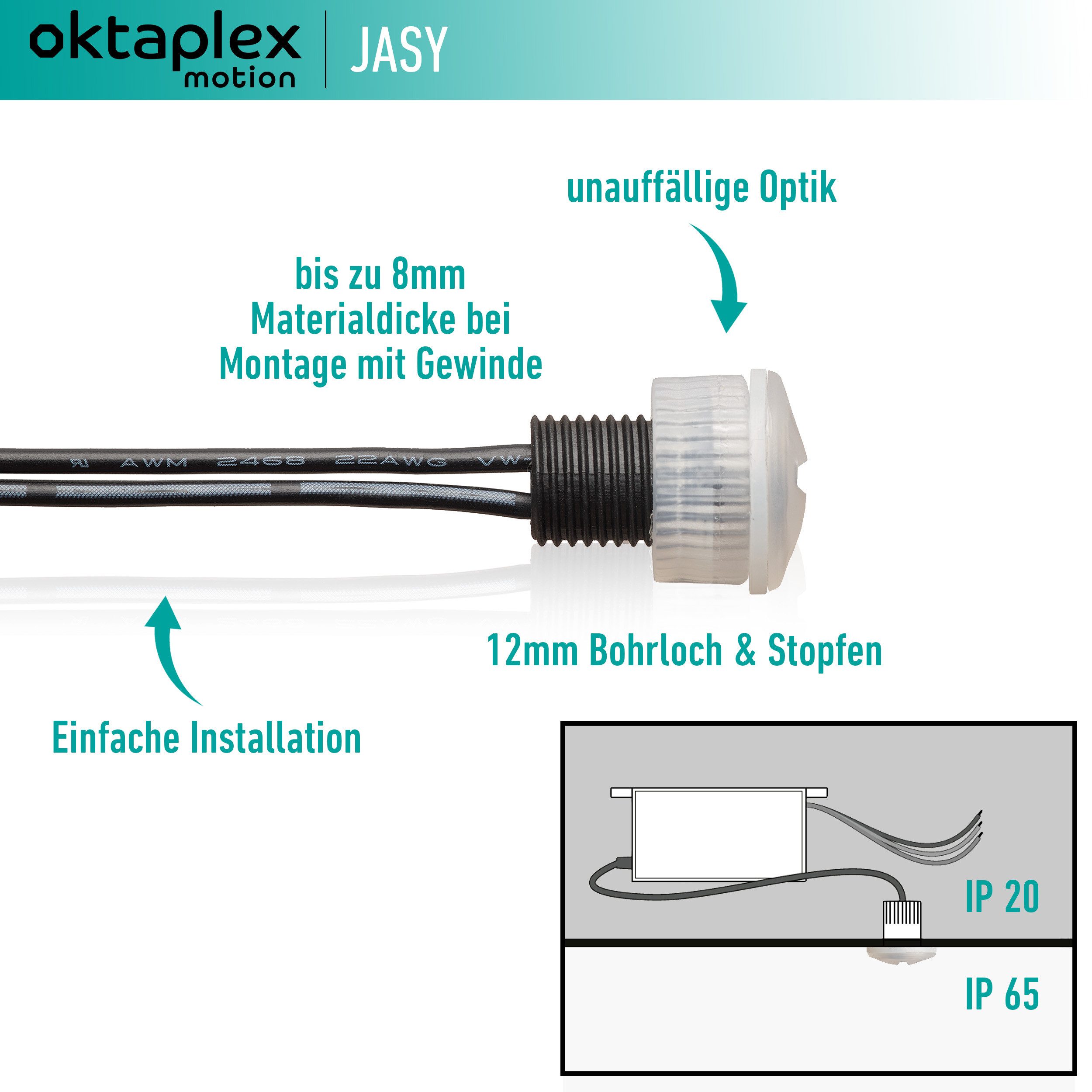 Oktaplex motion Dämmerungsschalter Oktaplex Jasy Dämmerungsschalter Einbausensor IP20/IP65 weiß, (1-St), Einbausensor weiß Lichtsensor IP65
