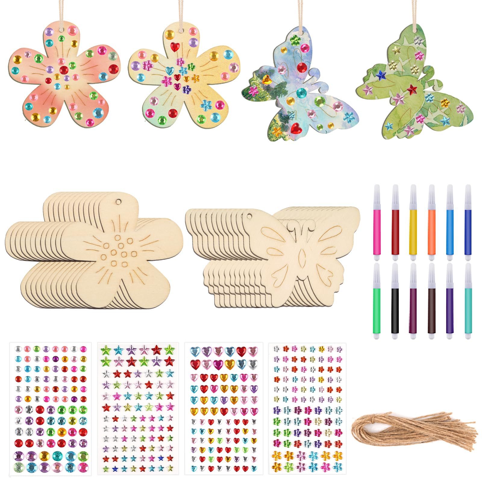 FOUORTUNATE-BEE Kreativset 40 Stück Bastelset Kinder Schmetterling und Blume, (mit Aquarellstift & Edelsteinaufkleber Deko Schnur, 40-tlg., Basteln Kindergeburtstag für DIY Geburtstag Basteln Kinder)