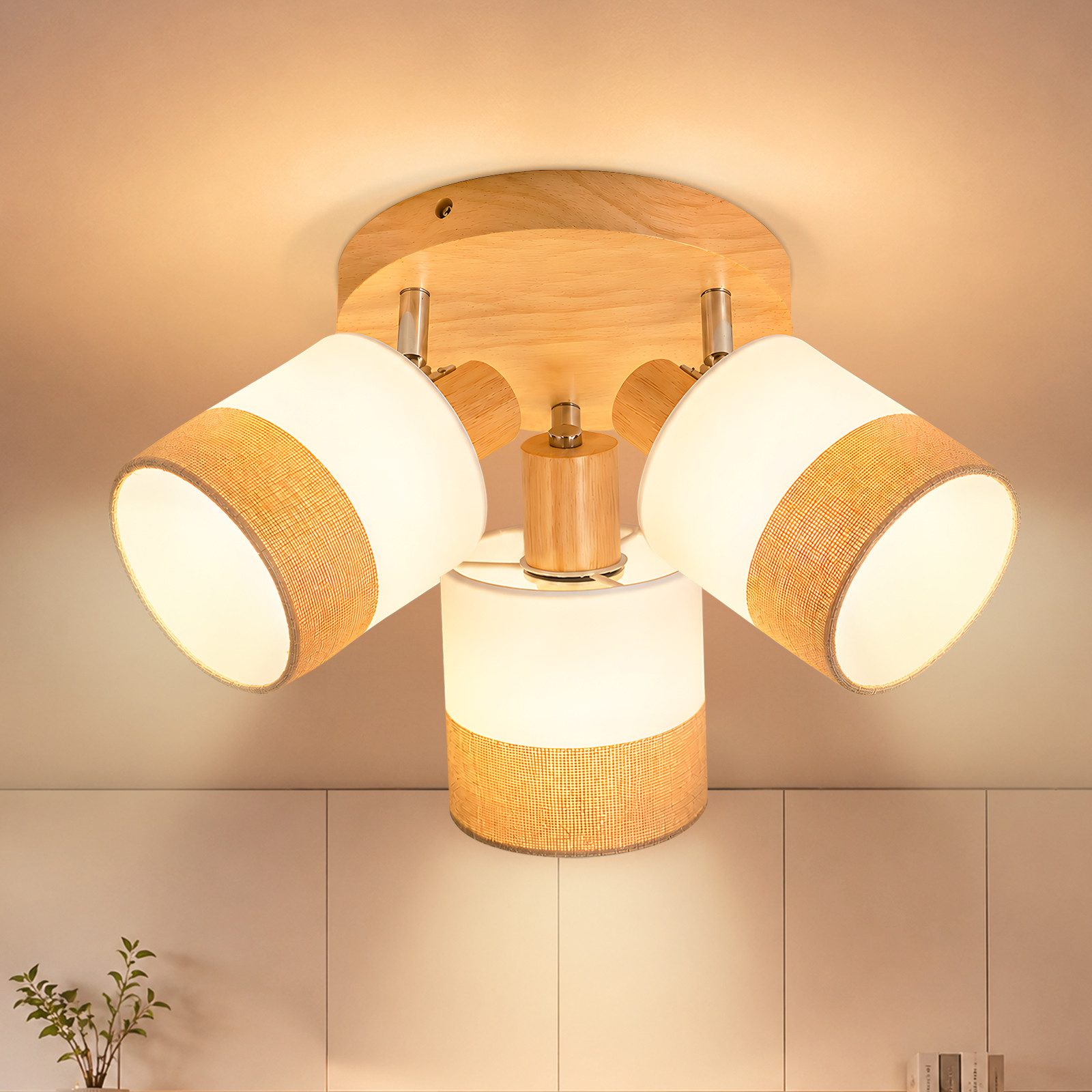 Nettlife Deckenstrahler Vintage Stoff 3-flammig Runde Holz E14 Deckenspots Landhausstil, 350°+90° Drehbar, ohne Leuchtmittel, für Flur, Wohnzimmer, Schlafzimmer, Esszimmer