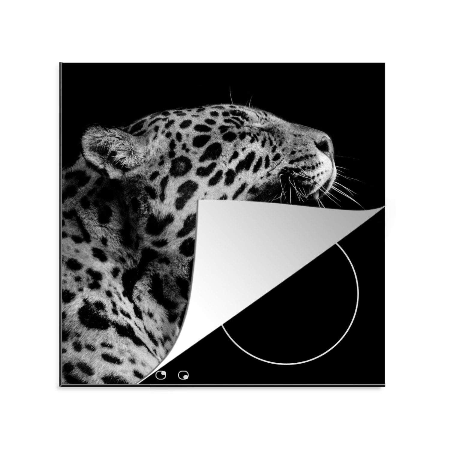 MuchoWow Herdblende-/Abdeckplatte Jaguar - Tier - Schwarz - Weiß, Vinyl, (1 tlg), 78x78 cm, Ceranfeldabdeckung, Arbeitsplatte für küche