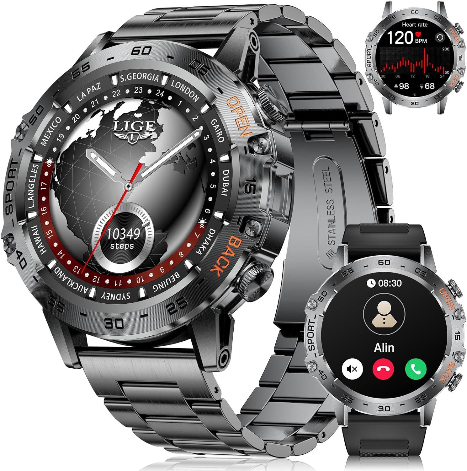 Lige ‎ FV10-A Smartwatch (3,6 cm, Android iOS), Elegante Smartwatch für Herren mit Edelstahlgehäuse und AMOLED Display