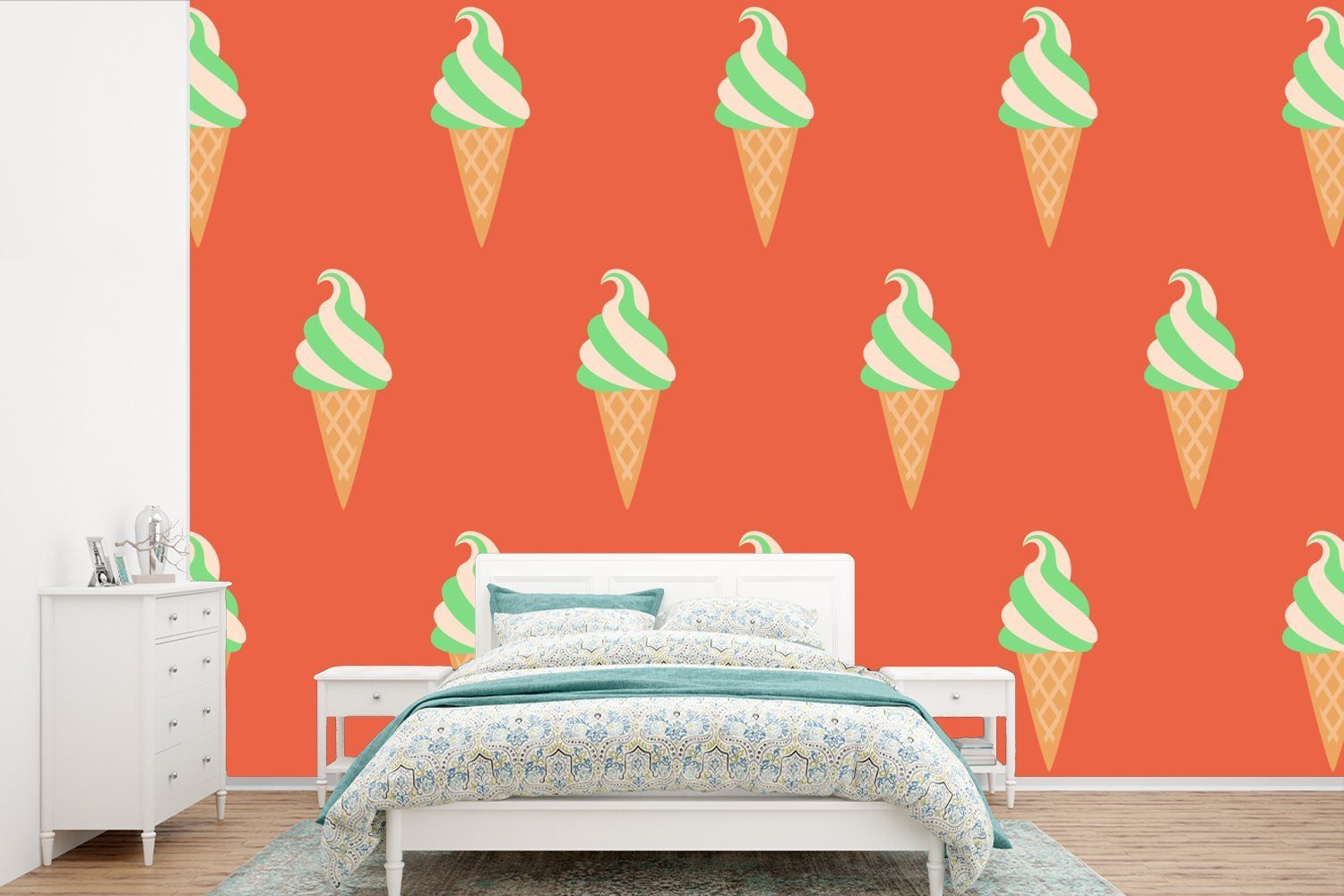 MuchoWow Fototapete Eiscreme - Muster - Rot - Grün, Matt, bedruckt, (6 St), Wallpaper für Wohnzimmer, Schlafzimmer, Kinderzimmer, Vinyl Tapete