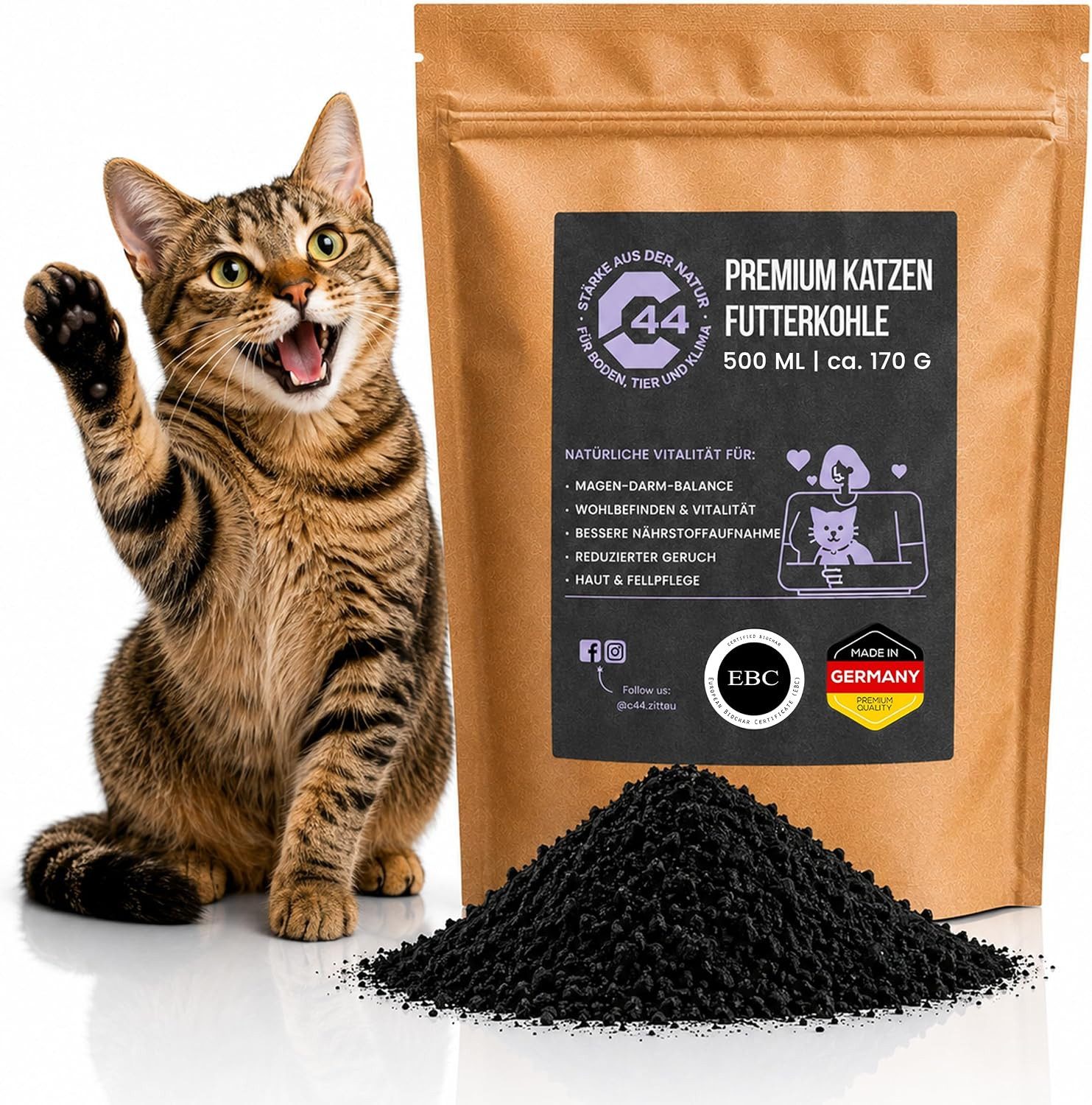 C44-Zittau Premium Futterkohle EBC-zertifiziert Verdauung, für: Katzen, futterkohle Pulver 500 ml für BARF Nassfutter & Geruchsbindung