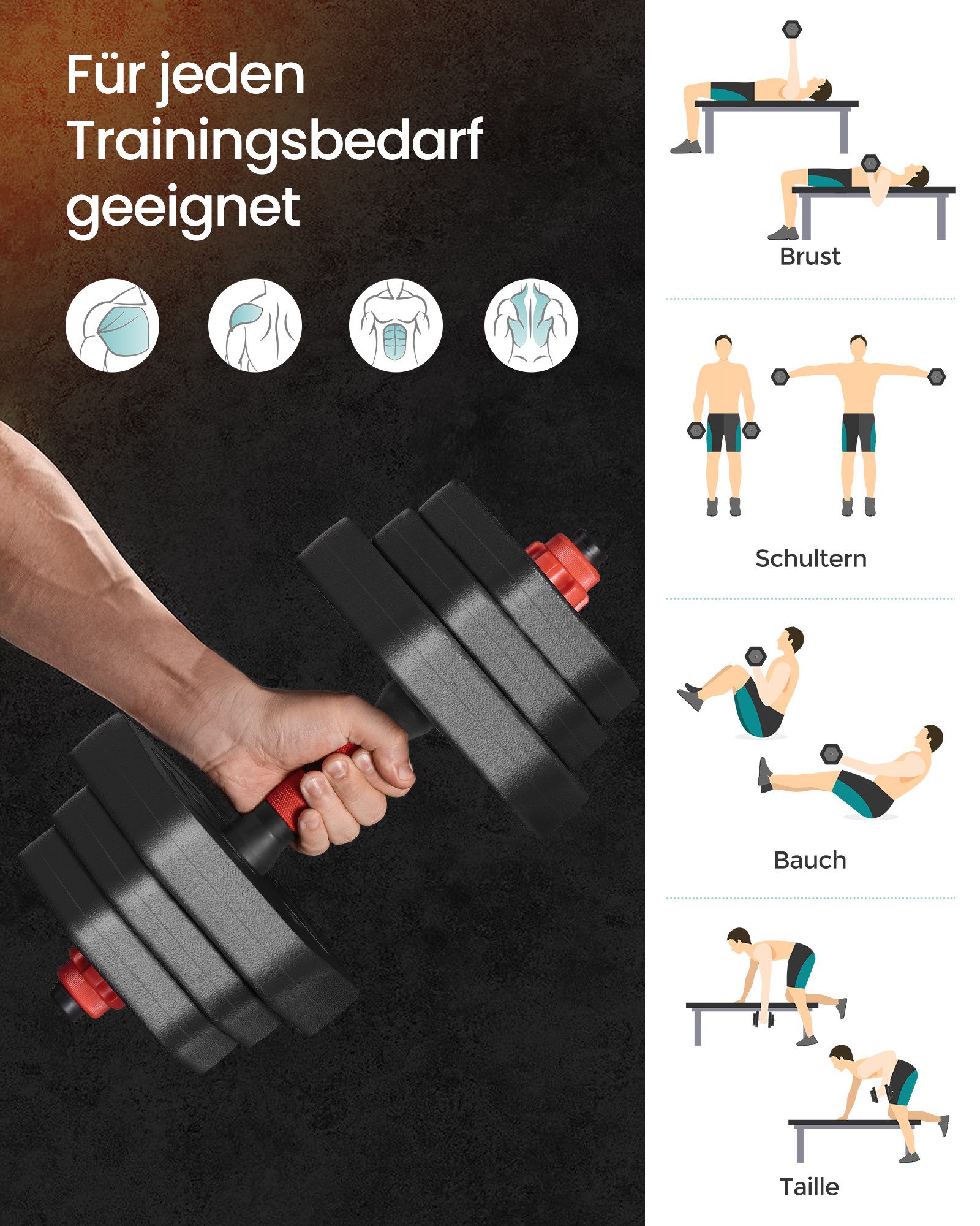 SONGMICS Hantel-Set Hanteln mit Verbindungsstange, Hexagon, Kurzhantelset, für Workout, Fitnesstraining, Gewichtheben für Zuhause, Fitnessstudio