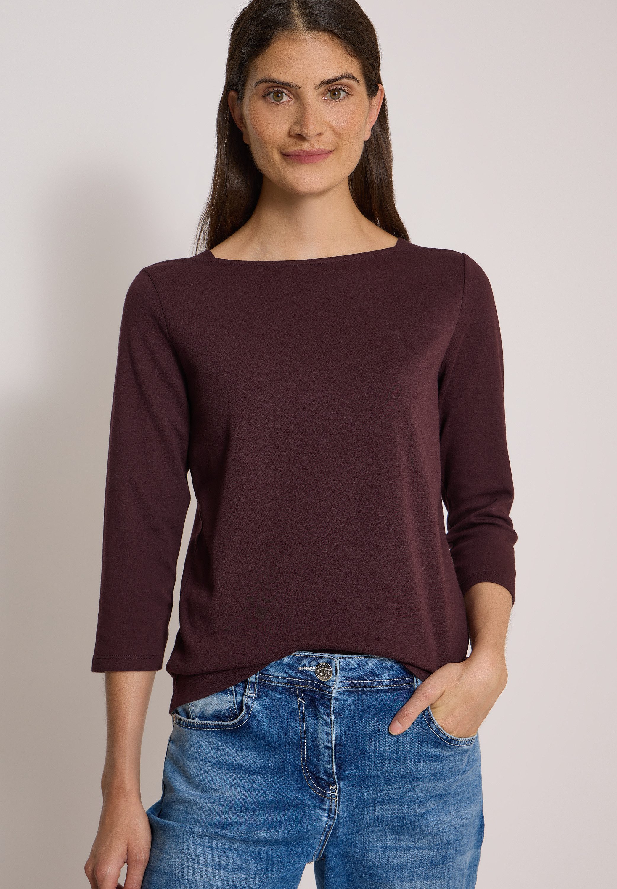 CECIL 3/4-Arm-Shirt U-Boot-Ausschnitt, unifarben, Baumwolle