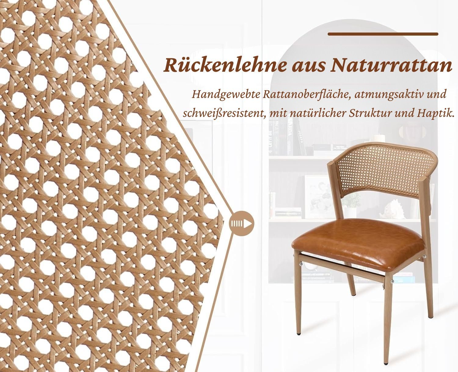 WAHSON OFFICE CHAIRS Esszimmerstuhl 2er Set Rattan-Esszimmerstühle, gepolstert, Leinen, Metallbeine – Bild 4 von 5