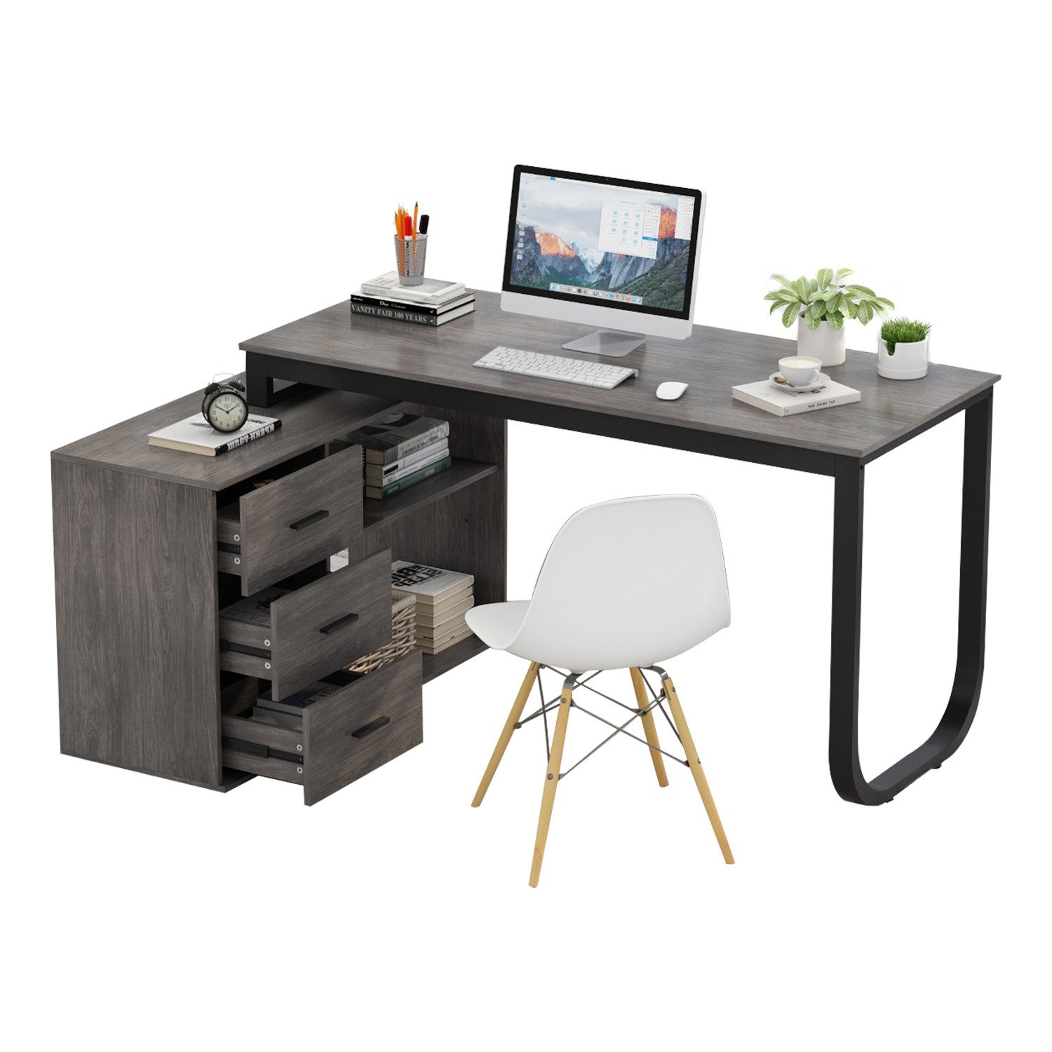 FUFU&GAGA Eckschreibtisch 130 cm L Förm Computertisch mit 3 Schubladen & 2 günstig online kaufen