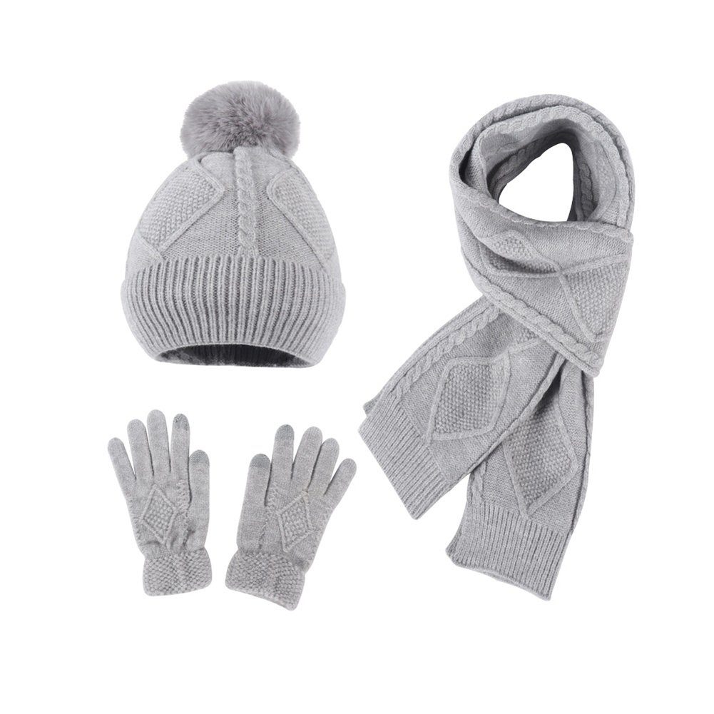 Thermohandschuhe Mütze Schal Handschuh, Wintermütze Wärme Set,Winterliche 3-teiliges Strickhandschuhe und Schal grau LYDMN
