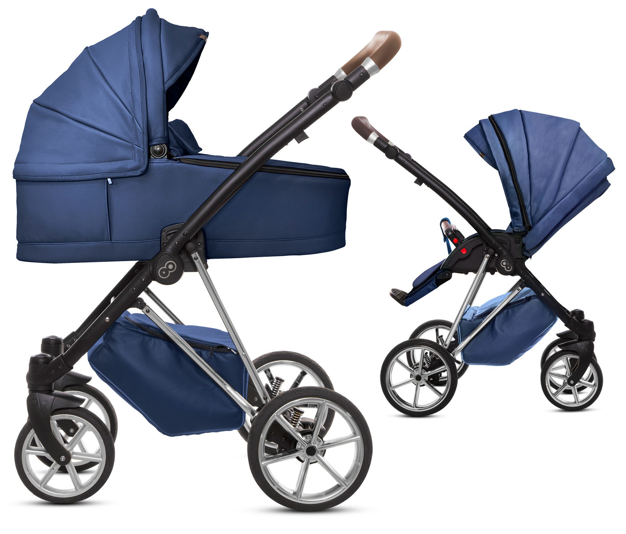 TPFFamily Kombi-Kinderwagen 2in1 Musse Royal, Baby Buggy Babywanne 5-Punkt-Sicherheitsgurt, Zubehör-Set Kinderwagen 2 in 1 Kunstleder Blau, Gestell Silber