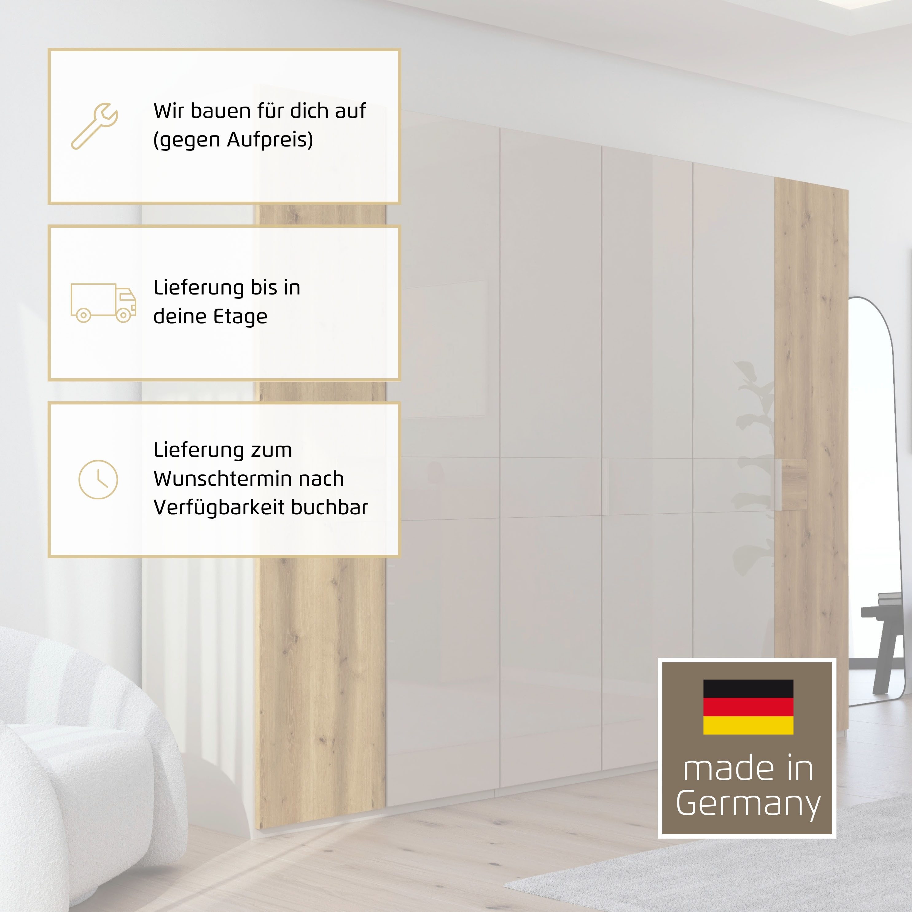 rauch Kleiderschrank Drehtürenschrank Schrank Garderobe Wäscheschrank KONA (Breiten 251/301 cm, Höhe 223 cm, Tiefe 61 cm) Glasauflage, Massivholz-Absetzung, SOFT-CLOSE-FUNKTION MADE IN GERMANY