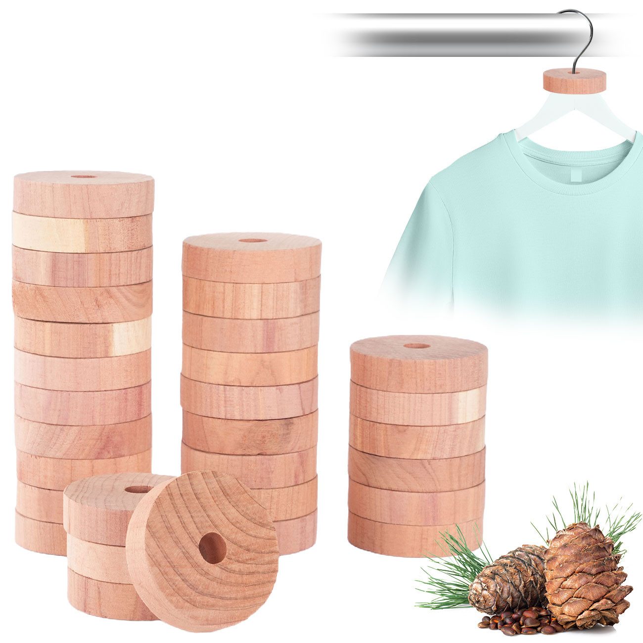 Casativo Kleiderbügel Zedernholz Mottenringe 30er/60er Set Natürlicher Mottenschutz Schrank, (30-tlg), 100% Premium Zedernholz, chemiefrei, Ø3,8xH 1cm, Bohrung Ø0,7 cm