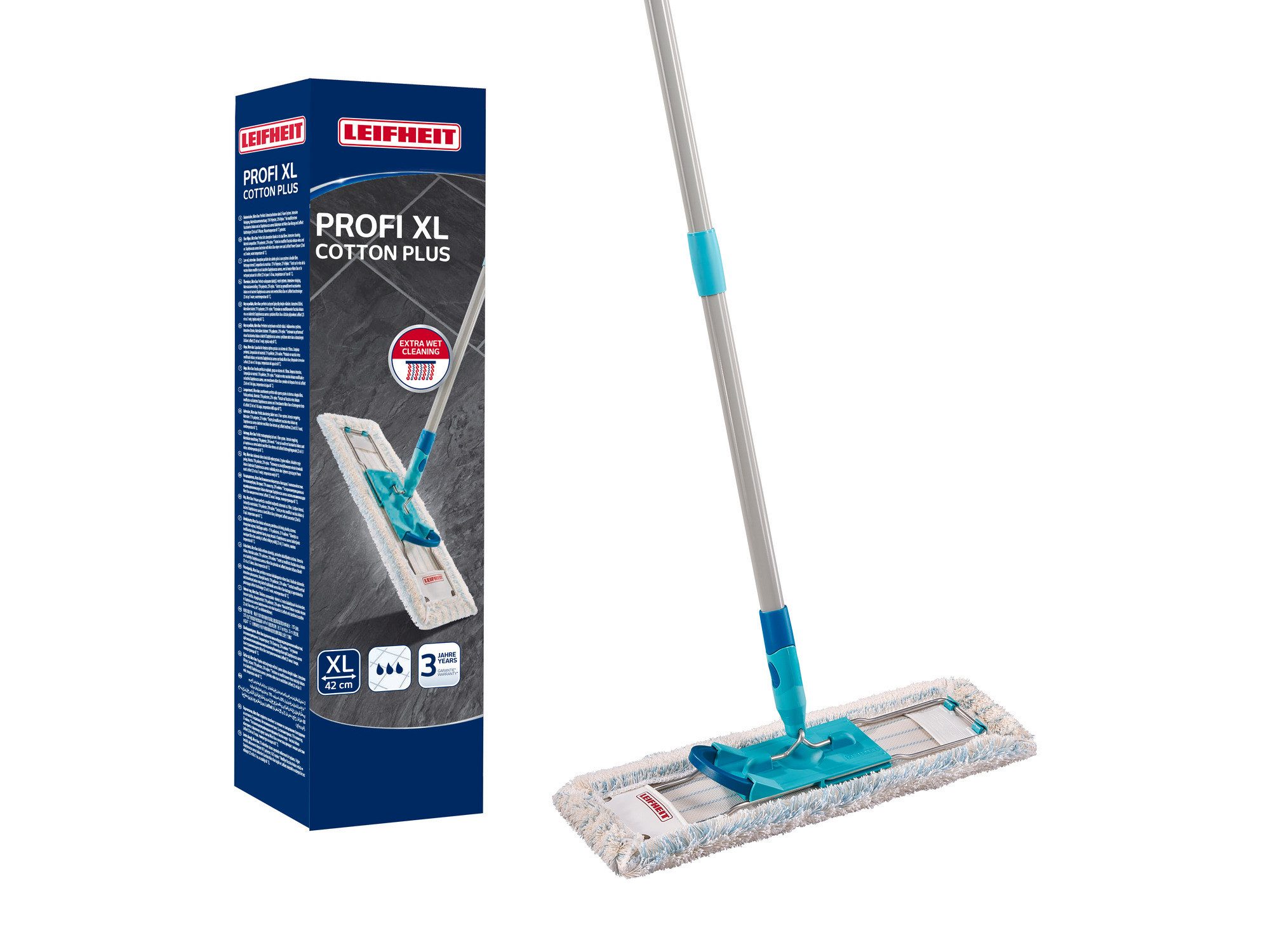 Leifheit Wischmopp Bodenwischer Profi XL cotton plus (Box), Waschbar bei 60°C, Wischbreite 42cm, Arbeitshöhe 146cm, Click-System