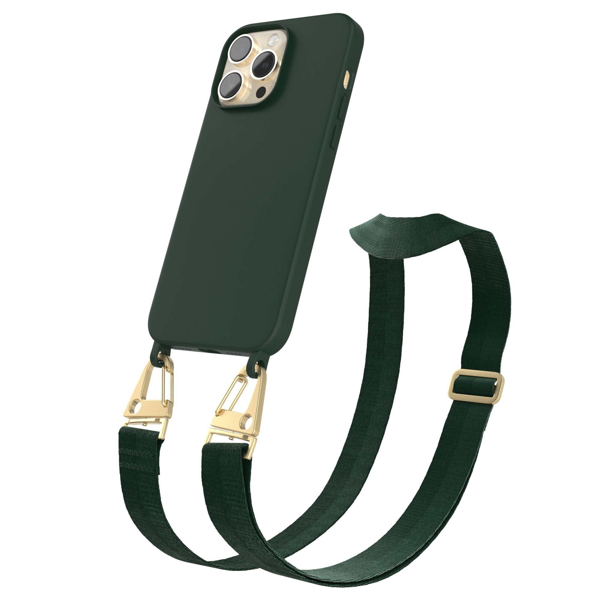 EAZY CASE Handykette Karabiner Breitband für Apple iPhone 14 Pro Max 6,7 Zoll, Handytasche durchsichtige Silikon Hülle mit breitem Umhängeband Grün