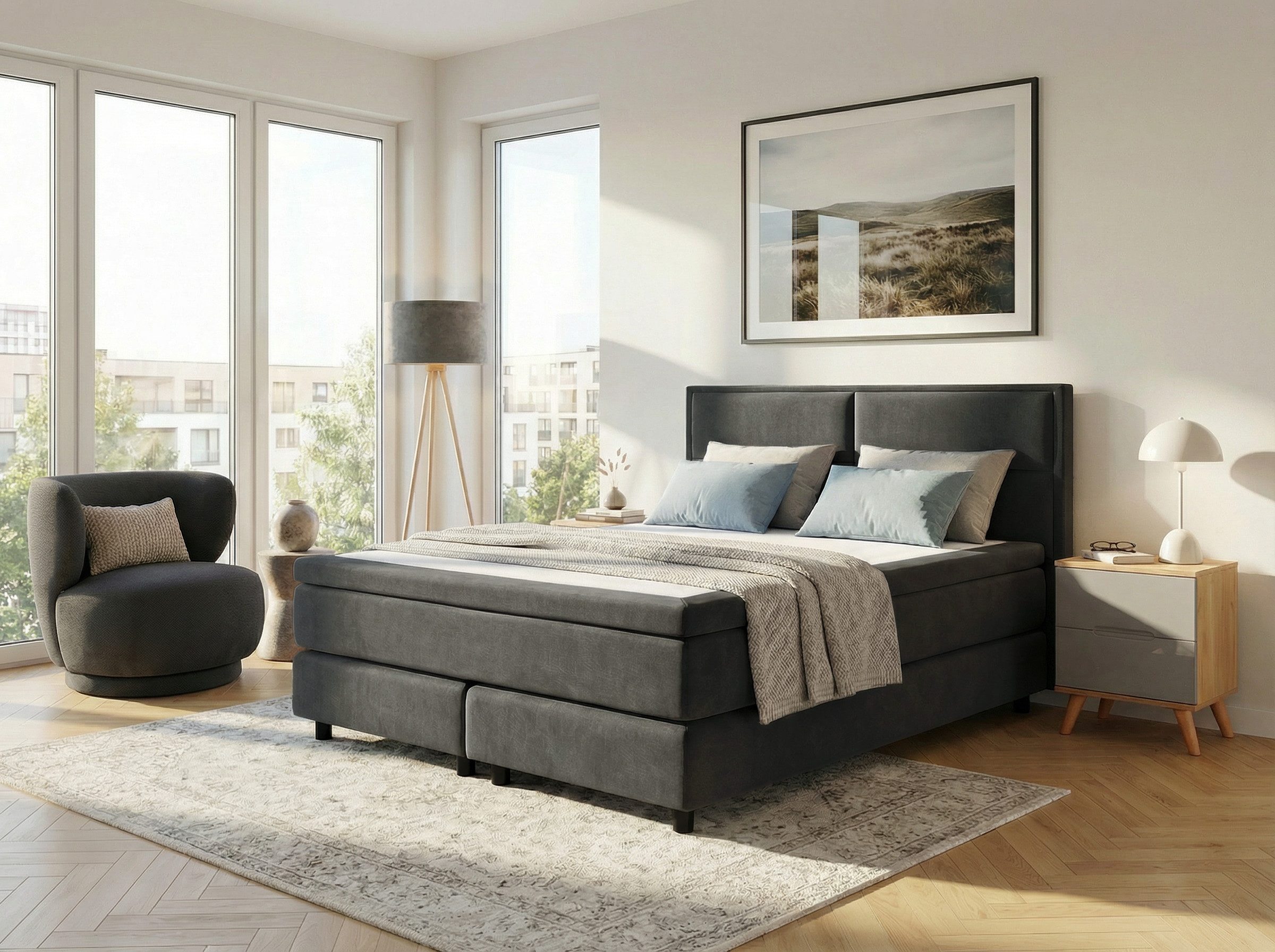OTTO home Boxspringbett VIVIANNE in den Breiten 140 & 180cm erhältlich, inkl. 7cm Luxus-Topper, erhältlich in den Farben anthrazit und beige