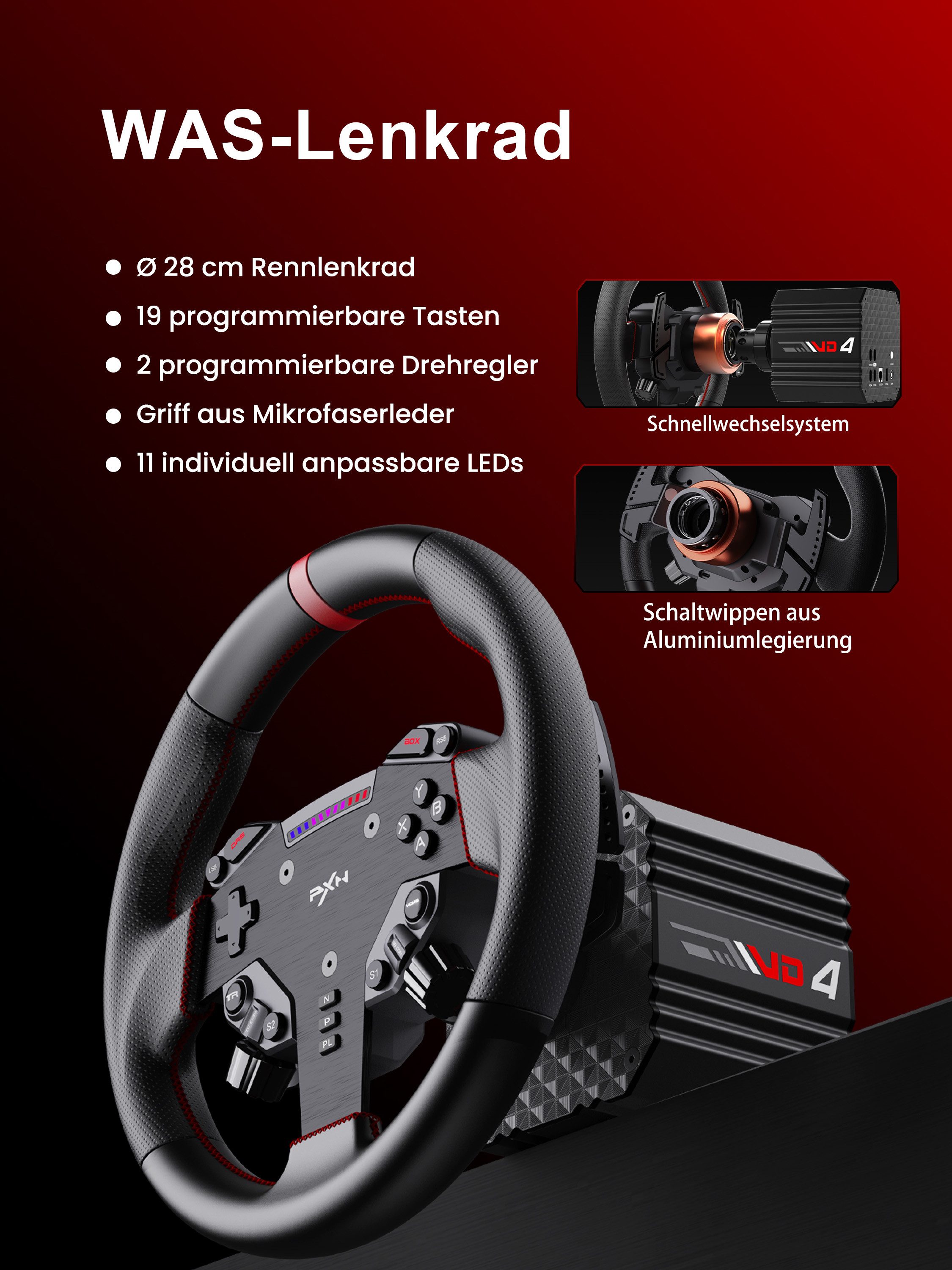 PXN VD4 Direct-Drive-Sim-Rennlenkrad-Set 4Nm Force Feedback Servo Gaming-Lenkrad (Quick Release Hall-Pedale Metall USB PC) – Bild 5 von 5