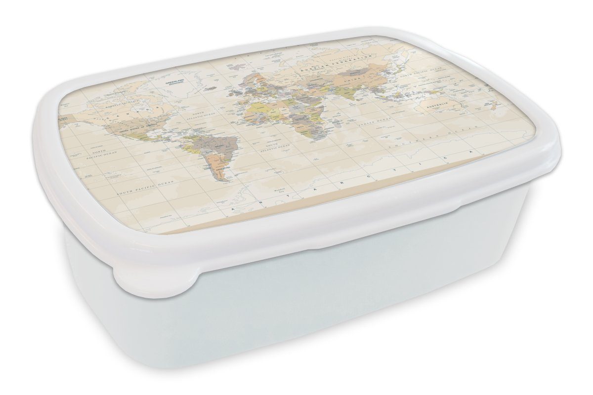 MuchoWow Lunchbox Welt - Karte - Retro, Kunststoff, (2-tlg), Brotbox für Kinder und Erwachsene, Brotdose, für Jungs und Mädchen weiß