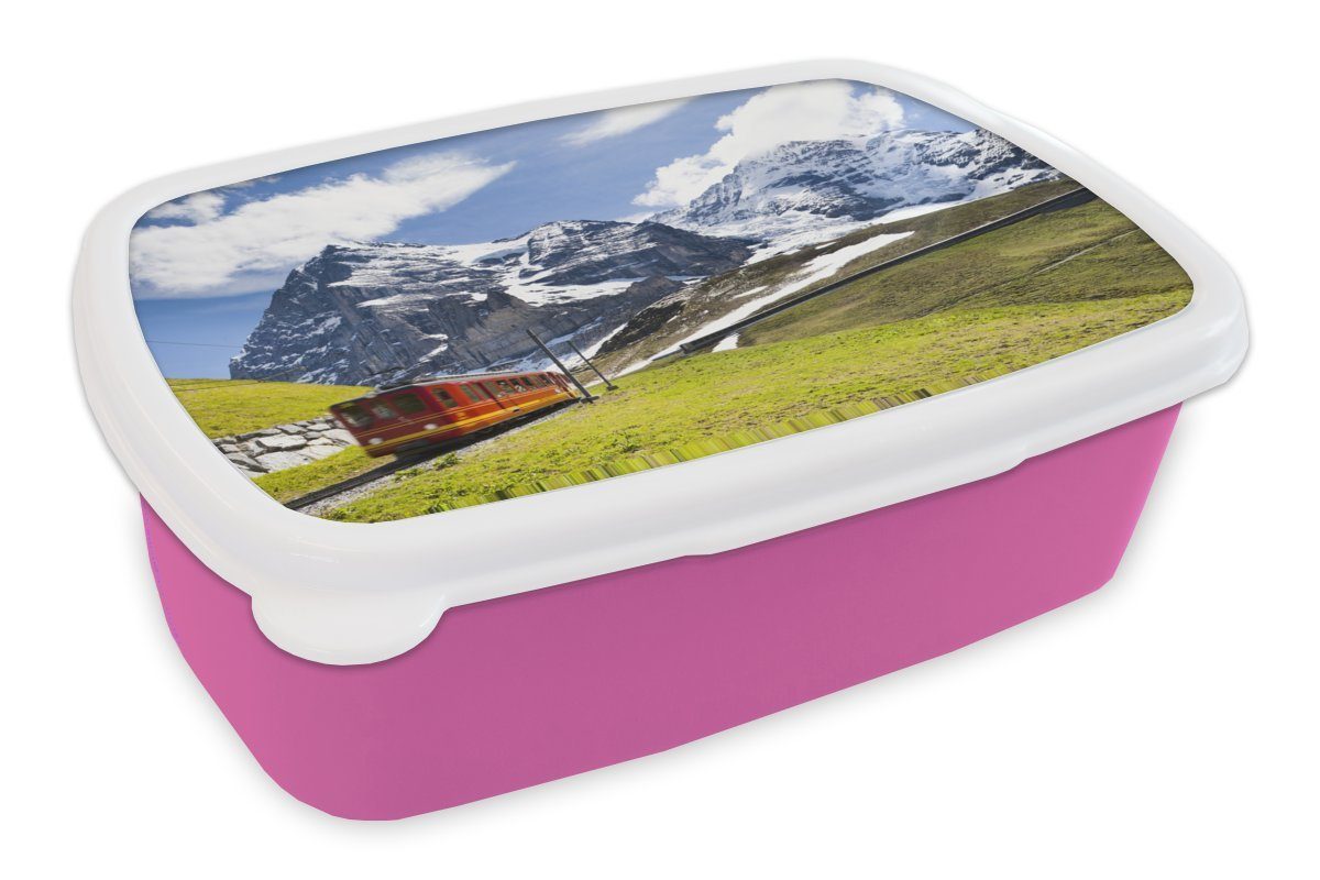 MuchoWow Lunchbox Ein für Bergen Hintergrund, Erwachsene, Kunststoff (2-tlg), Brotbox rosa Kinder, im Mädchen, Snackbox, mit Brotdose Kunststoff, roter Zug