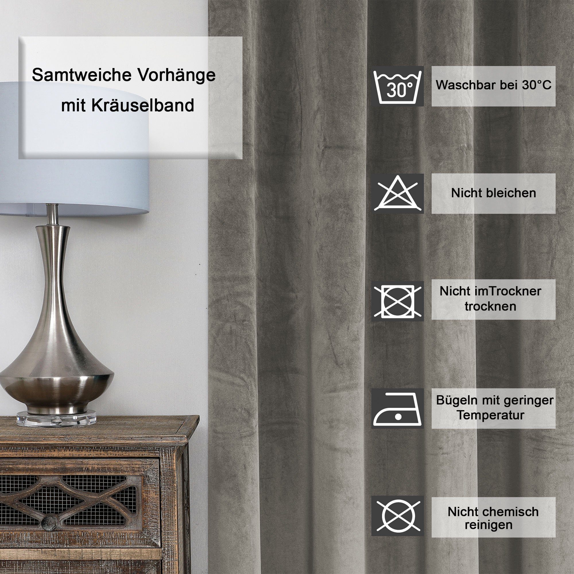 Samt Deko, blickdicht, Kräuselband Polyester Taupe Gardine St), weich Verdunkelung Kräuselband cm und 140x245 Haus (1 Vorhang