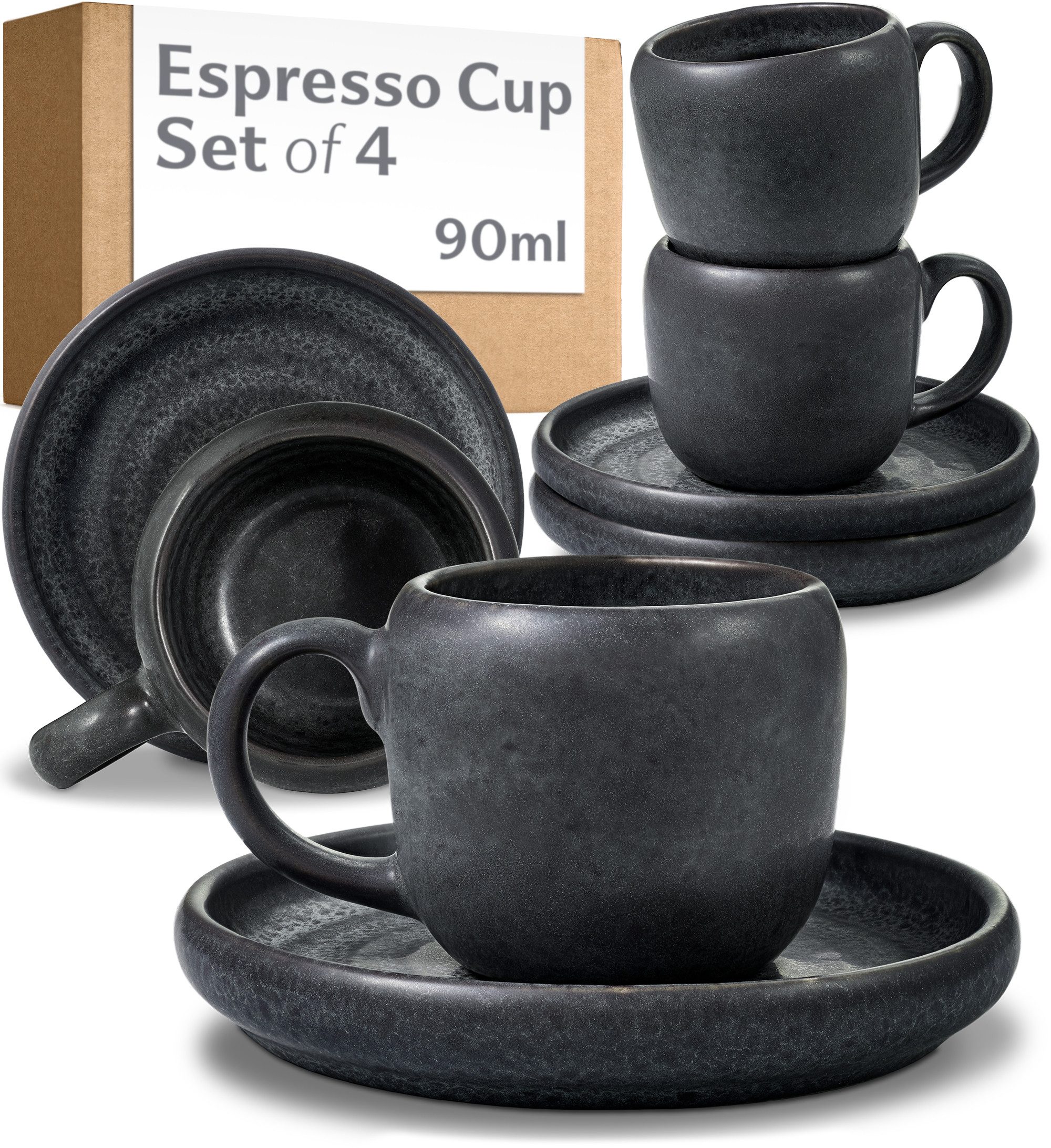 Cosumy Espressotasse 4er Espressotassen Set mit Untertassen Weiß – 90 ml Keramik Espresso, 4-tlg., Steingut, Handglasiert, Spülmaschinenfest & Mikrowellengeeignet, 4er Set