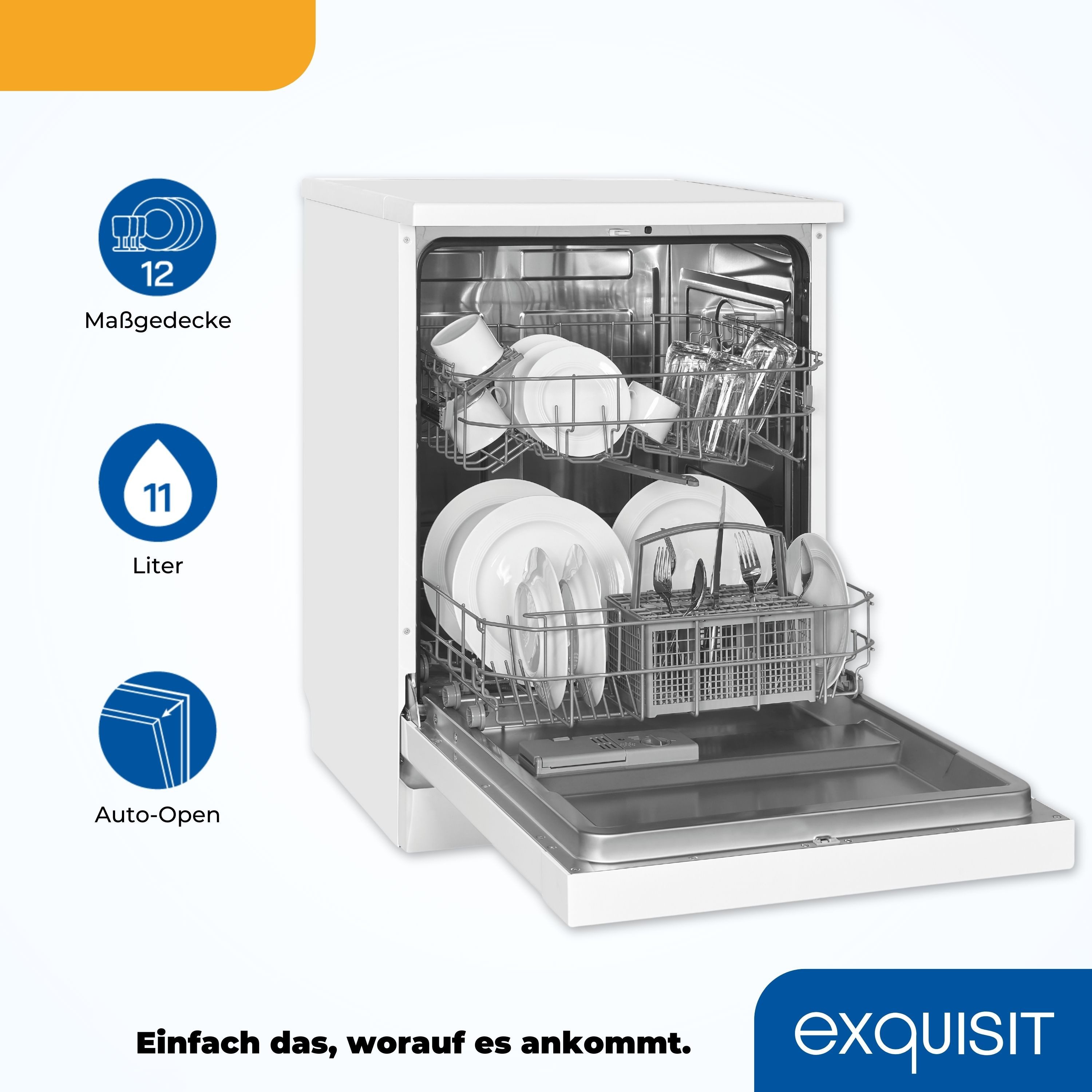exquisit Standgeschirrspüler GSP6312-030D weiss, 12 Maßgedecke, Stand-/Unterbaugerät, 12 Maßgedecke – 6 Programme mit LED & Timer – Bild 4 von 5
