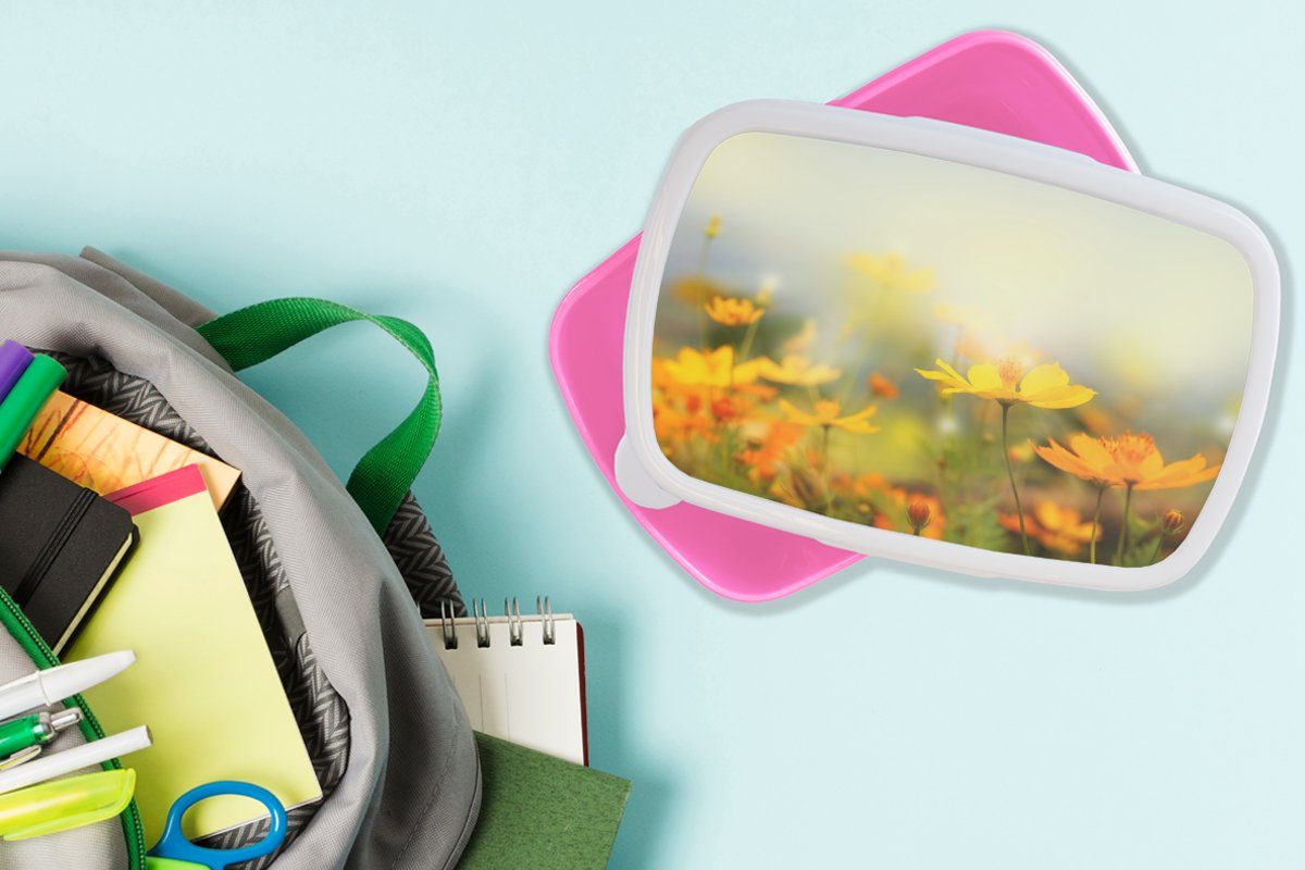 MuchoWow Lunchbox Blumen - Landschaft Gelb, Kunststoff, Brotbox Snackbox, Kunststoff Brotdose - (2-tlg), Kinder, rosa Erwachsene, Mädchen, für